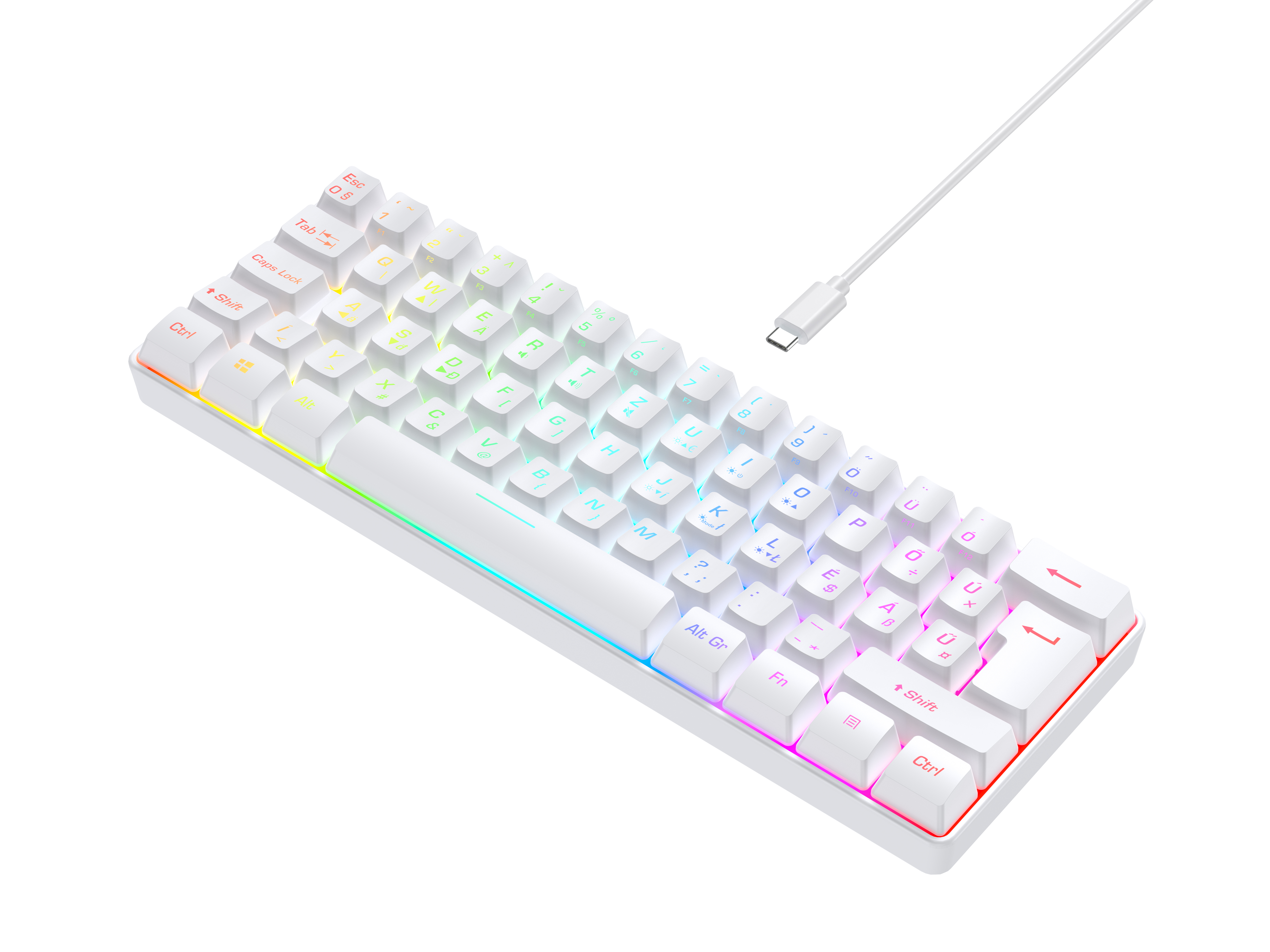 Fehér 60%-os mechanikus billentyűzet RGB világítással. USB-C kábel csatlakoztatva. Karakterekkel jelölt billentyűk.