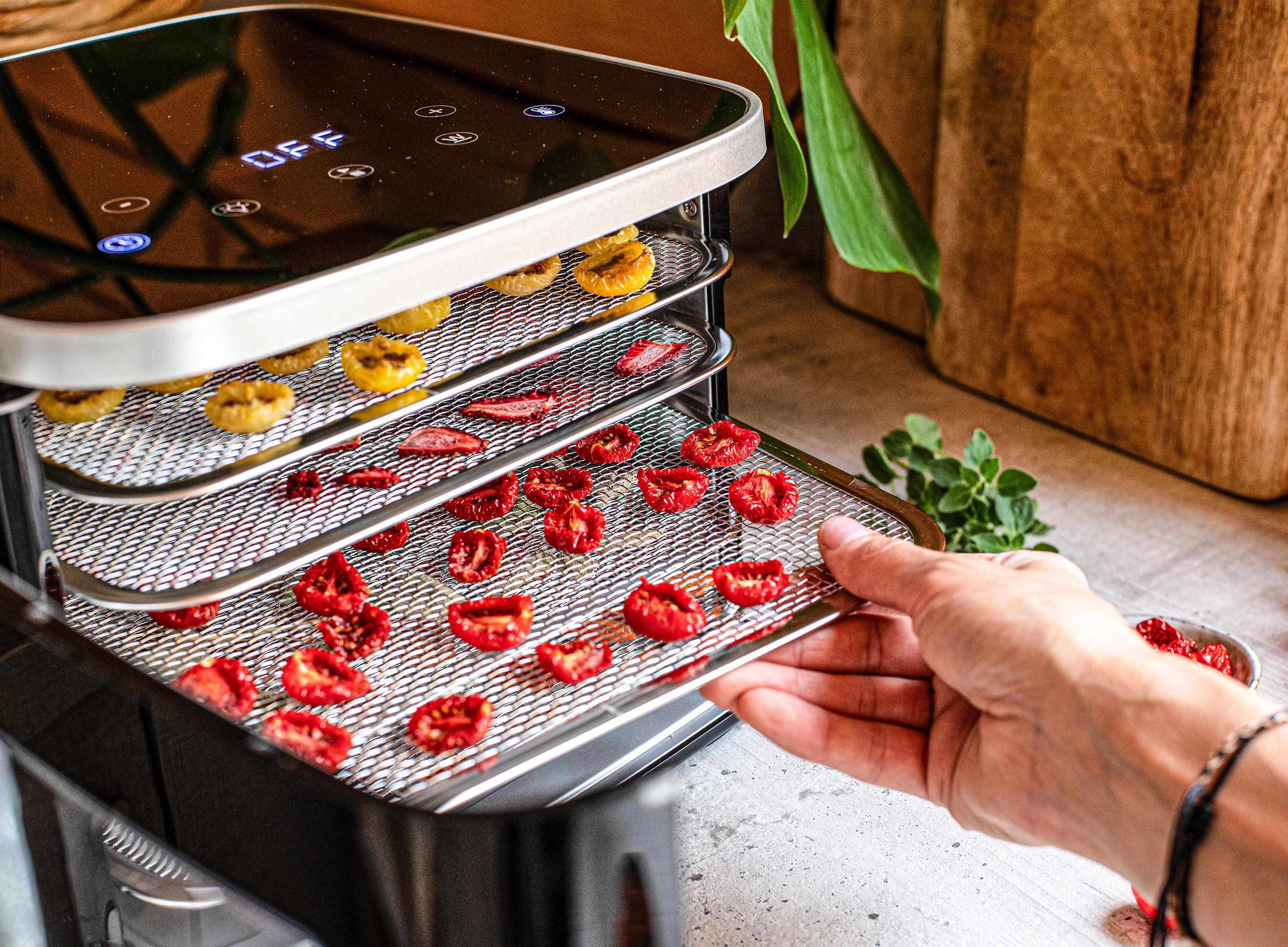 Lebensmitteltrockner mit sonnengetrockneten Tomaten und anderen Früchten. Eine Hand zieht ein Tablett.