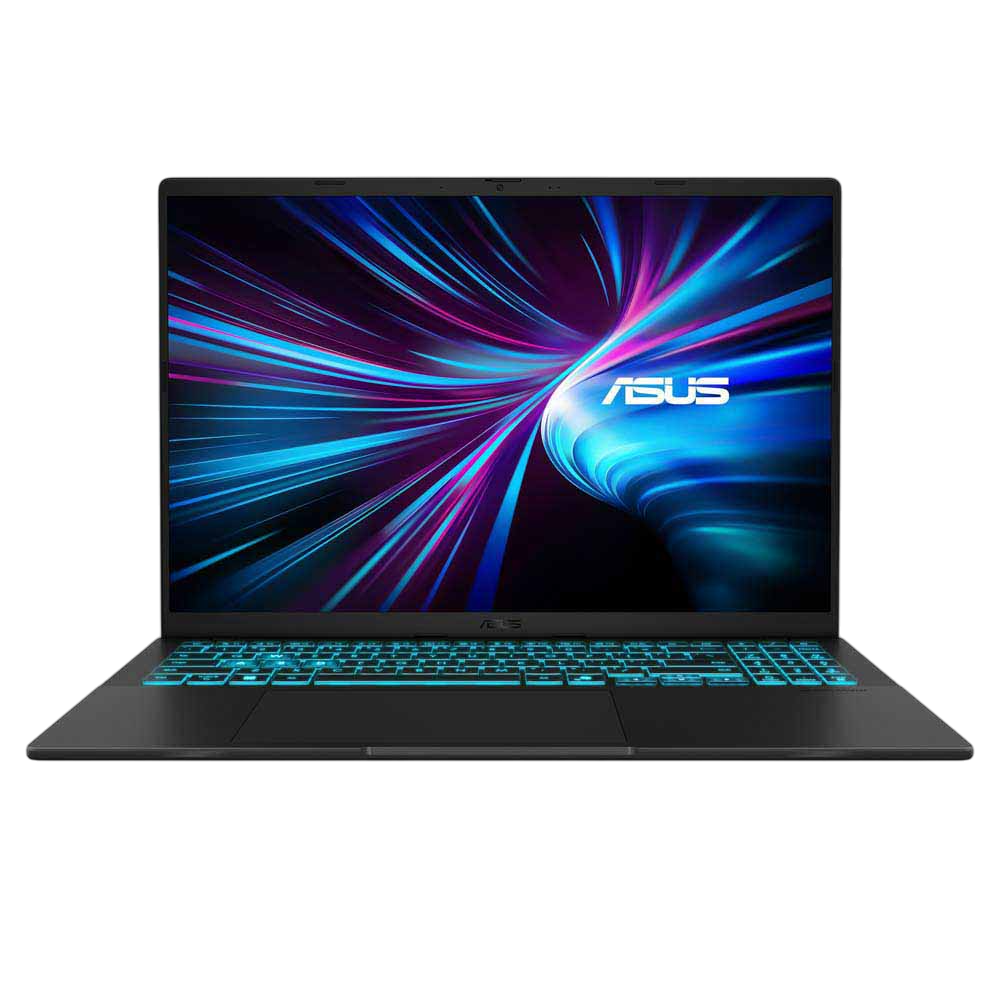 Siyah çerçeveli açık bir ASUS dizüstü bilgisayar. Ekran mavi ve mor soyut bir tasarım sergiliyor. Klavye mavi renkte yanıyor.