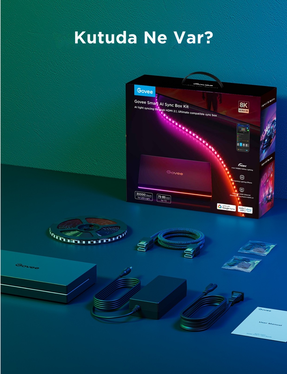 Govee Smart AI Sync Box Kiti, aksesuarlarla: LED şerit, kablolar, güç kaynağı ve kullanım kılavuzu, koyu yüzeyde.