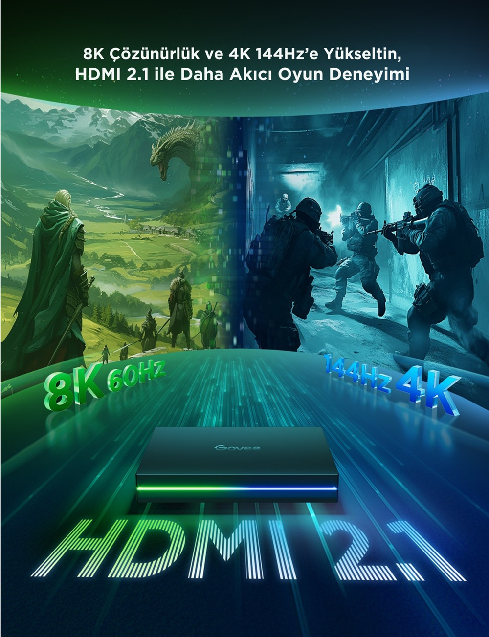 Görsel, 8K ve 4K oyunları tanıtan, fantezi manzarası ve modern bir ortamda askerlerin grafikleriyle bir oyun cihazını gösteriyor.