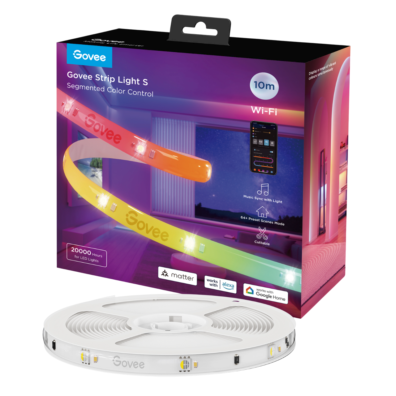 Govee Strip Light S kutusu, şerit ışıklarla. Kutu, Wi-Fi, müzik senkronizasyonu ve Alexa uyumluluğu gibi özellikleri gösterir. Şerit sarılıdır.