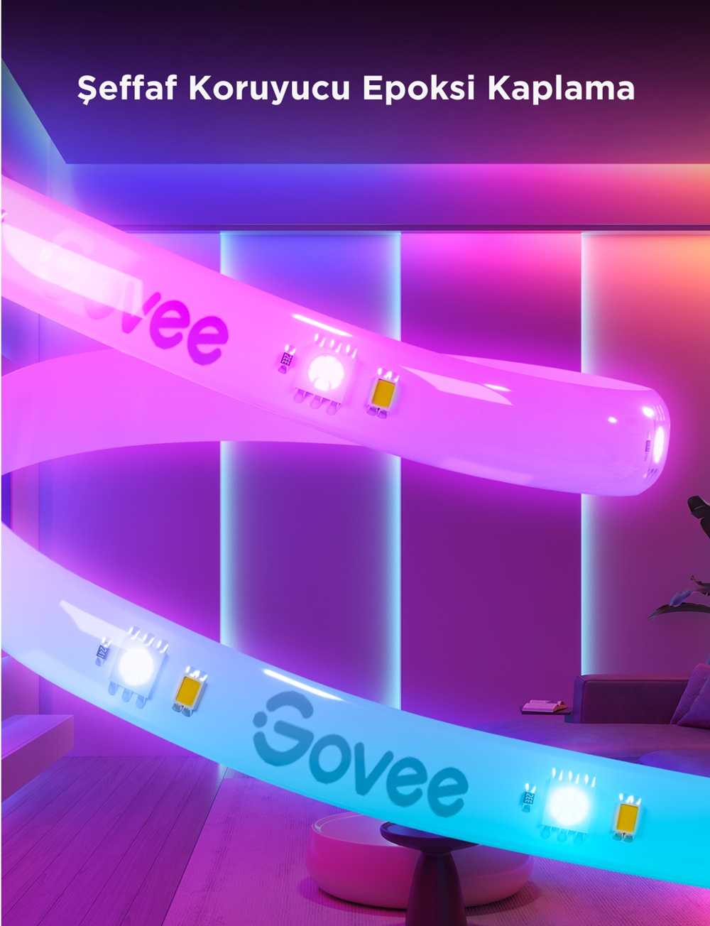 'Govee' ve 'ee' markası görülebilen mor ve mavi LED ışık şeritleri. Arka planda bir oda ve 'Şeffaf Koruyucu Epoksi Kaplama' metni görülüyor.