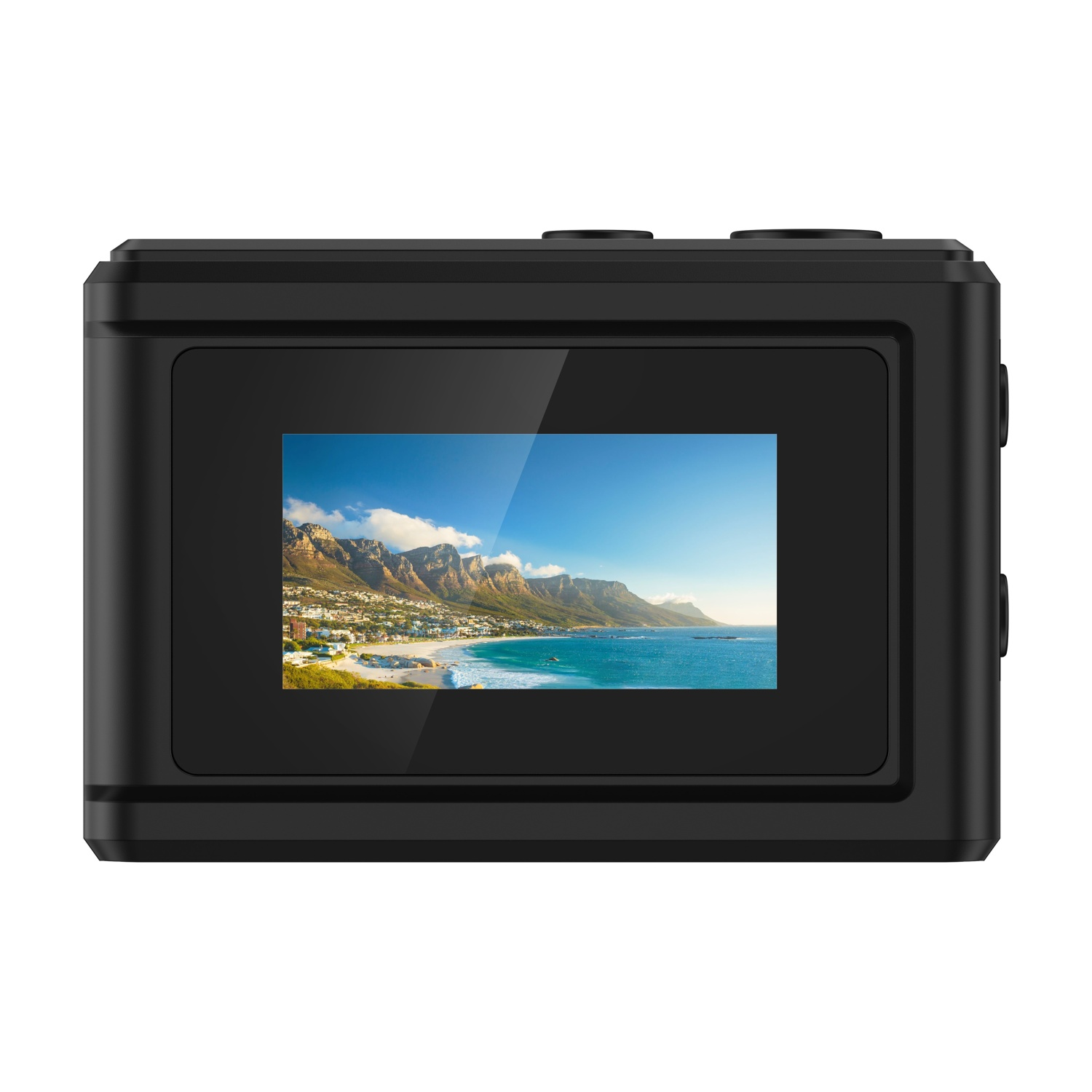 Action cam nera che mostra una scena sulla spiaggia. La scena comprende montagne, cielo blu e oceano. Pulsanti in alto e a destra.