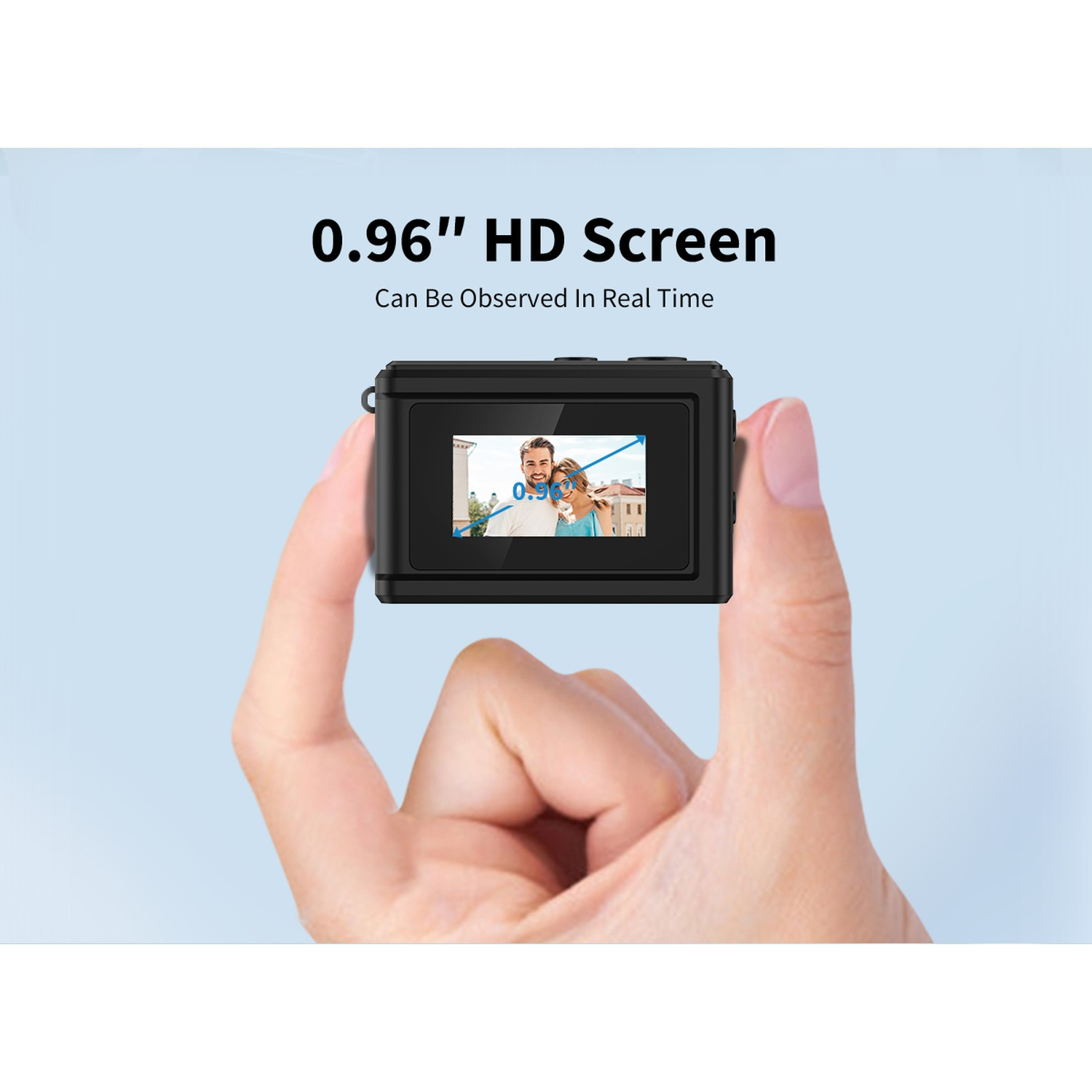 Una mano tiene un dispositivo nero con uno schermo che mostra una coppia. Testo sopra: '0.96" HD Screen'.