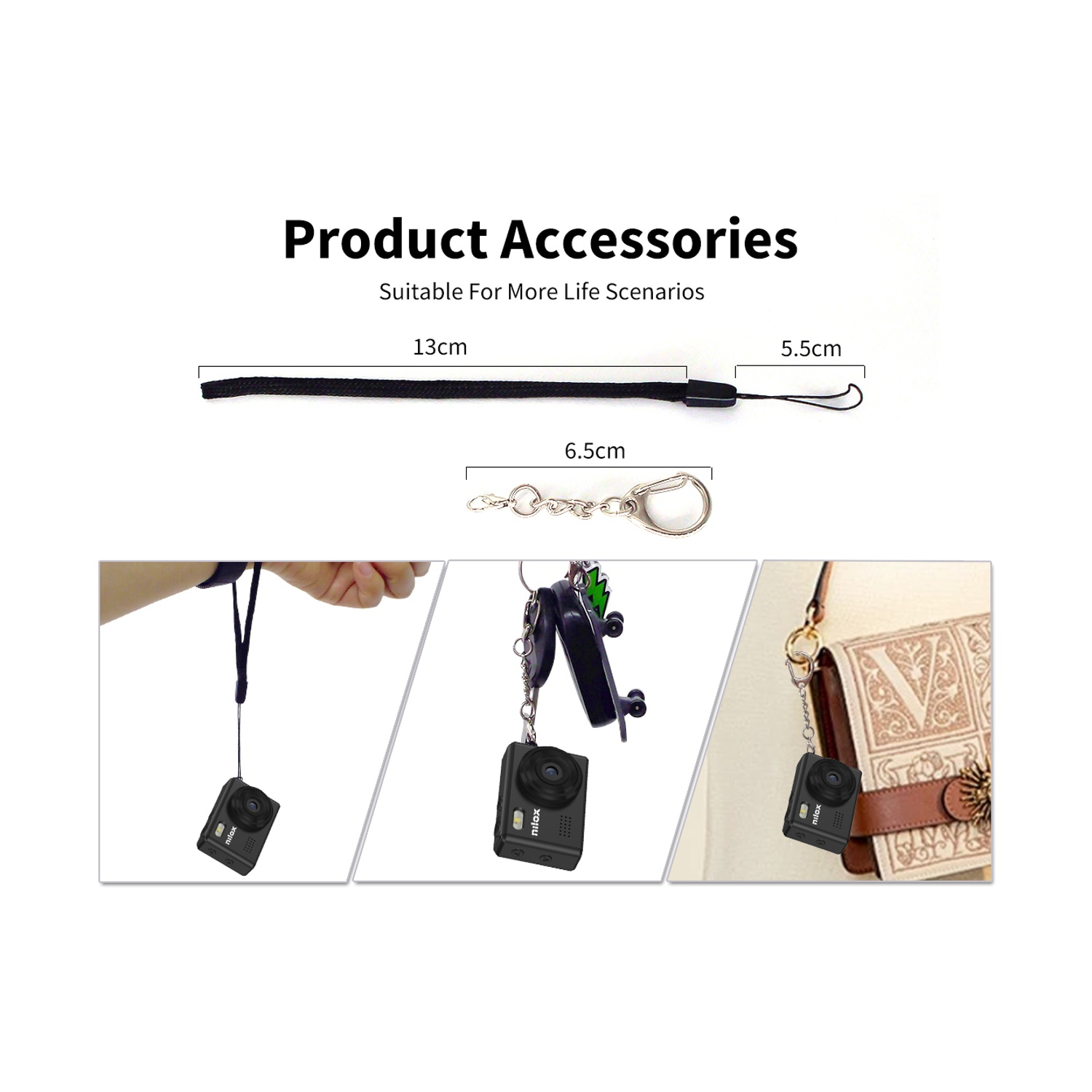 L'immagine mostra accessori per fotocamere. Un cinturino nero, un portachiavi e tre esempi di utilizzo della fotocamera.