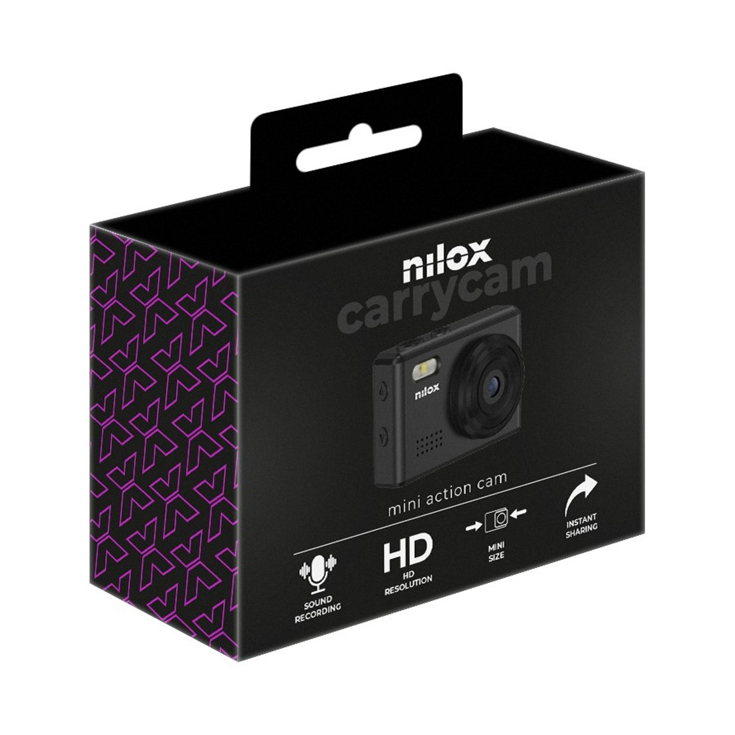 Una scatola nera con una mini action cam, etichettata 'nilox carrycam'. Caratteristiche: risoluzione HD, formato mini e condivisione istantanea.