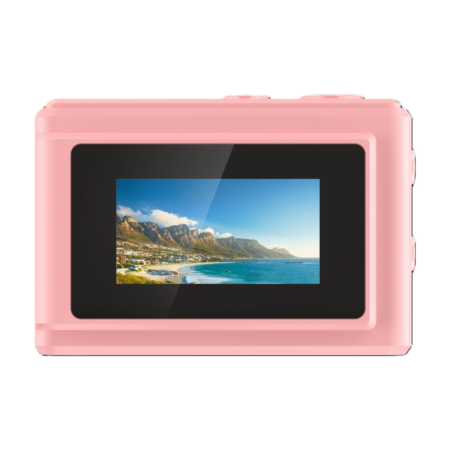 Action cam rosa con schermo che mostra una scena di spiaggia con montagne, mare e cielo. I pulsanti sono visibili sopra e lateralmente.