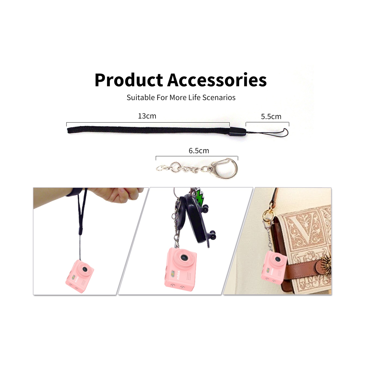 L'immagine mostra accessori del prodotto: un cordino, un portachiavi e una fotocamera rosa. La fotocamera è mostrata in diversi scenari.