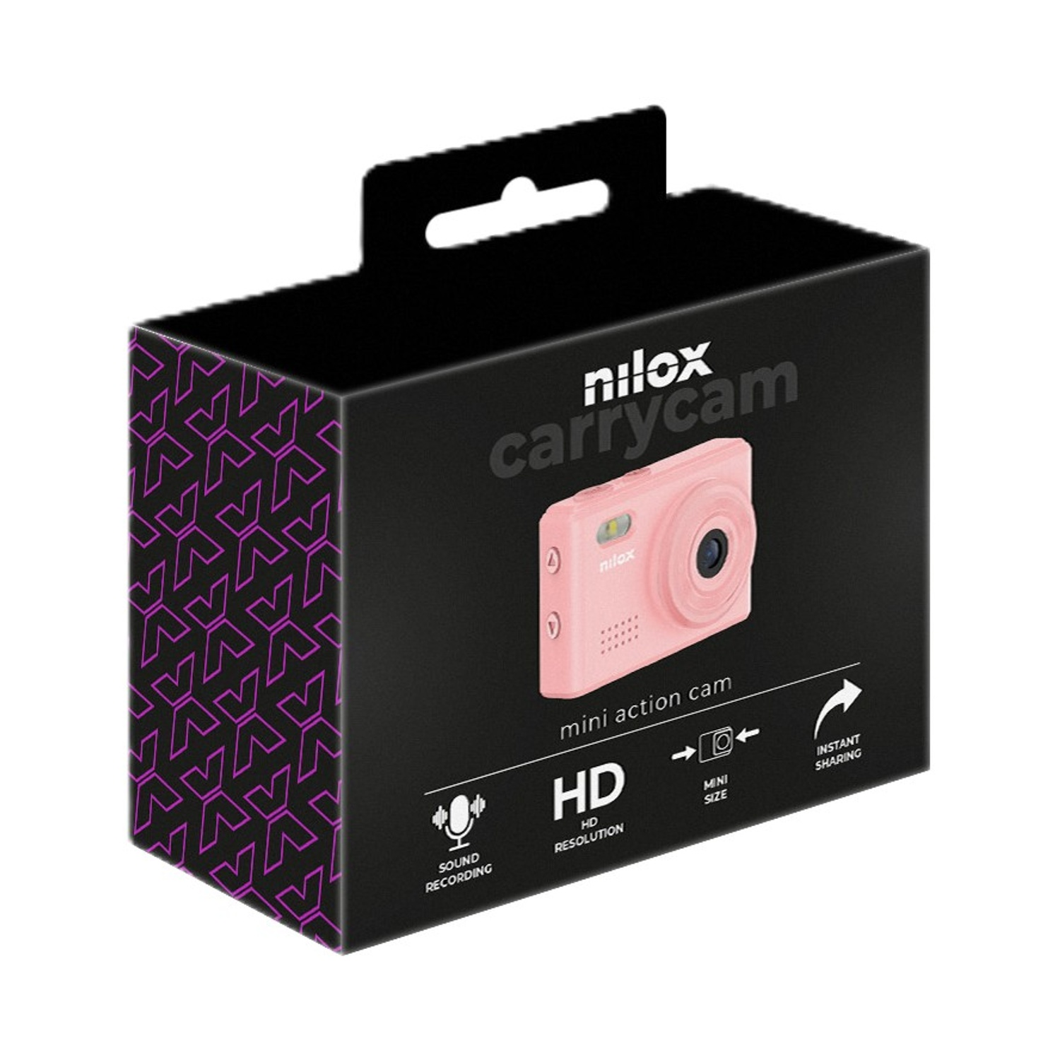 Una scatola nera con una action cam rosa 'nilox carrycam'. La scatola presenta motivi viola e funzioni di registrazione audio e condivisione istantanea.