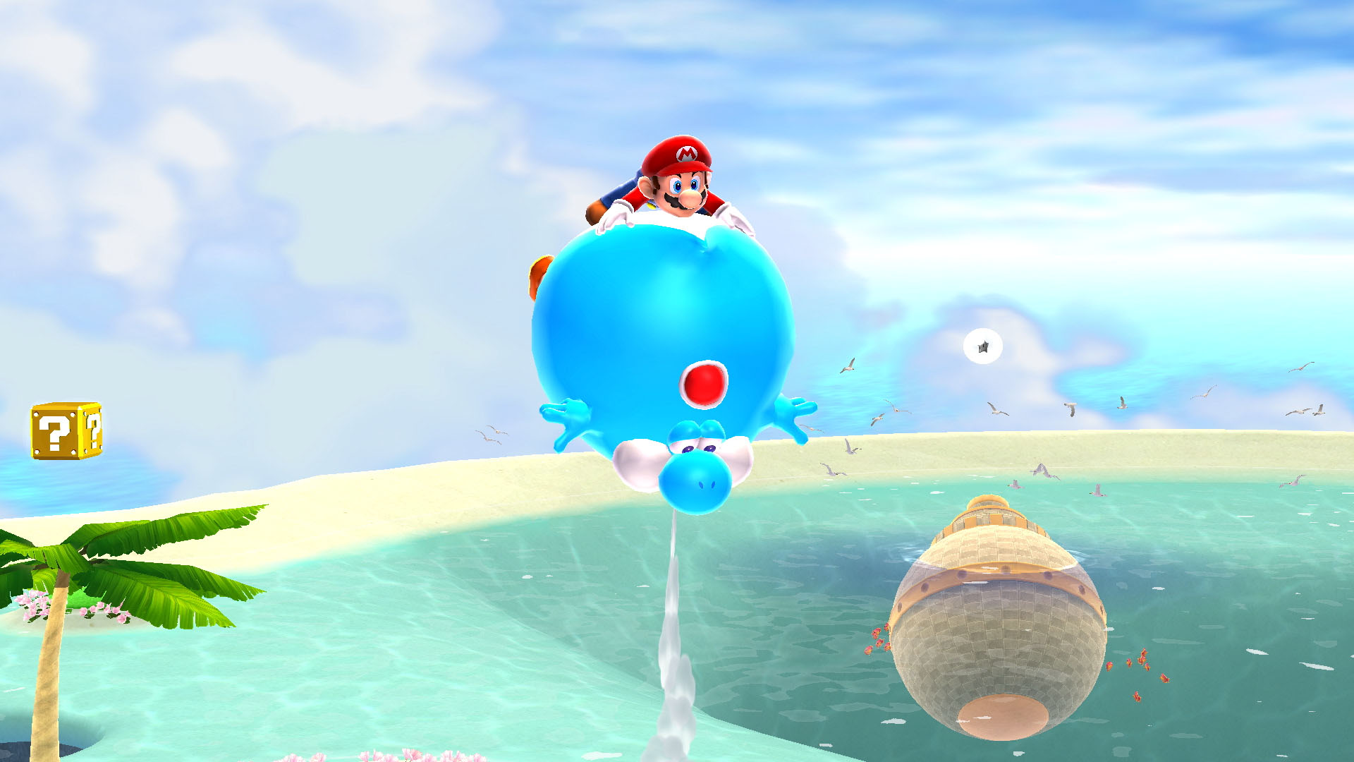 Mario, mavi bir Yoshi'ye biniyor, suyun üzerinde uçuyor. Bir soru işareti bloğu ve kabuk benzeri bir yapı da sahnede yer alıyor.