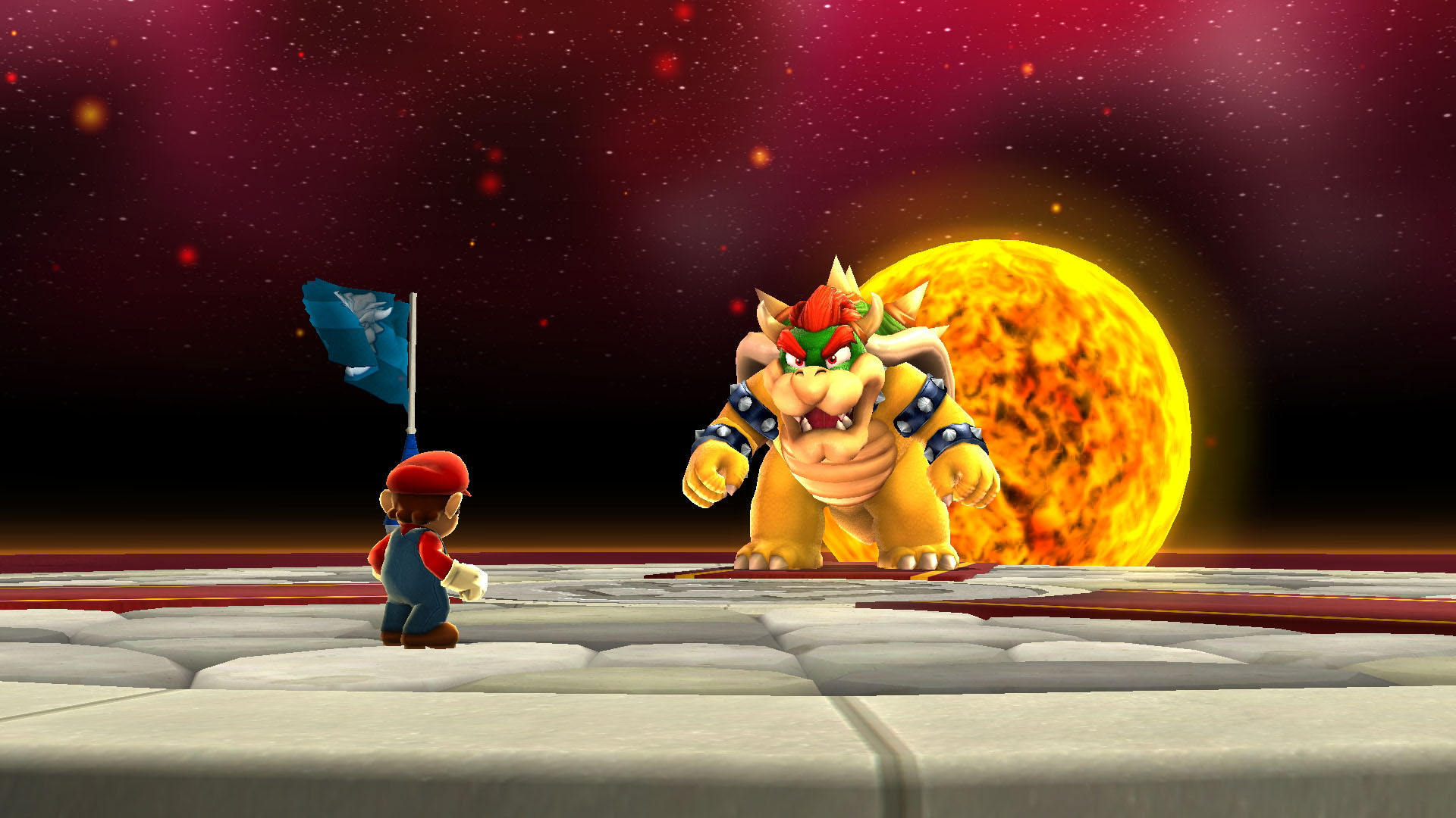 Mario, Bowser'la karşı karşıya. Bowser büyük, arkada güneş var. Solda mavi bir bayrak var.