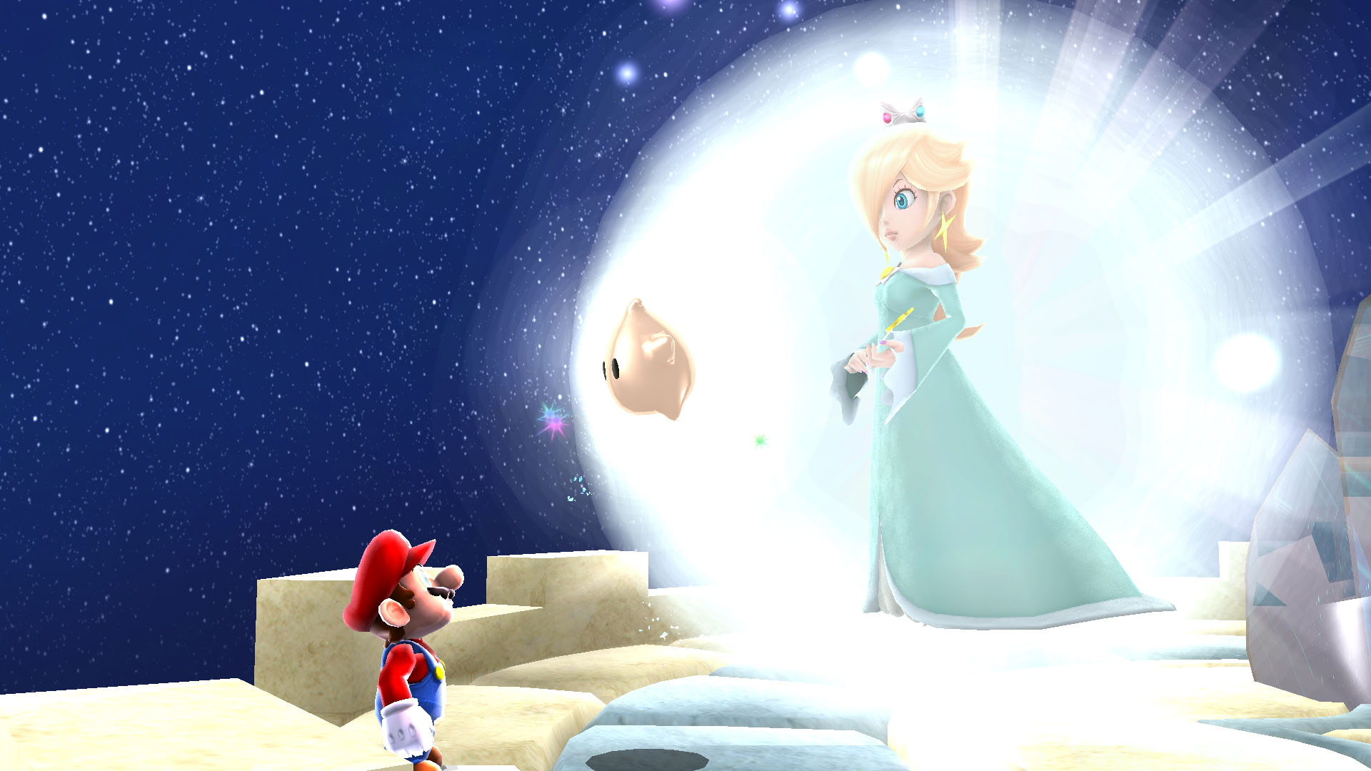 Mario, Rosalina'ya, bir Luma'ya ve parlak bir ışığa bakıyor. Sahne, arka planda yıldızlarla uzayda geçiyor.