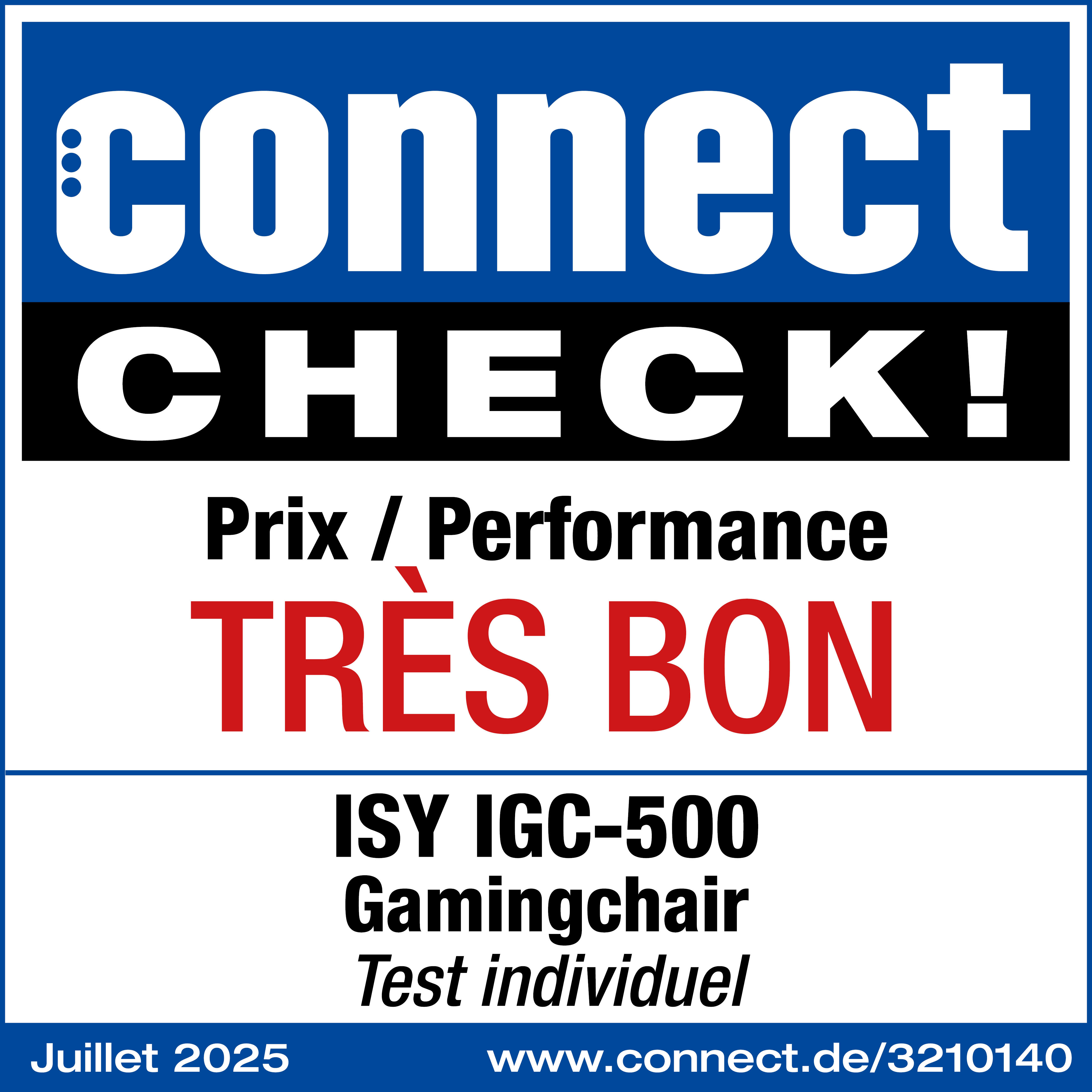 Image avec texte 'connect CHECK!', 'TRÈS BON' en rouge et publicité 'ISY IGC-500 Gamingchair'. Bleu et blanc.