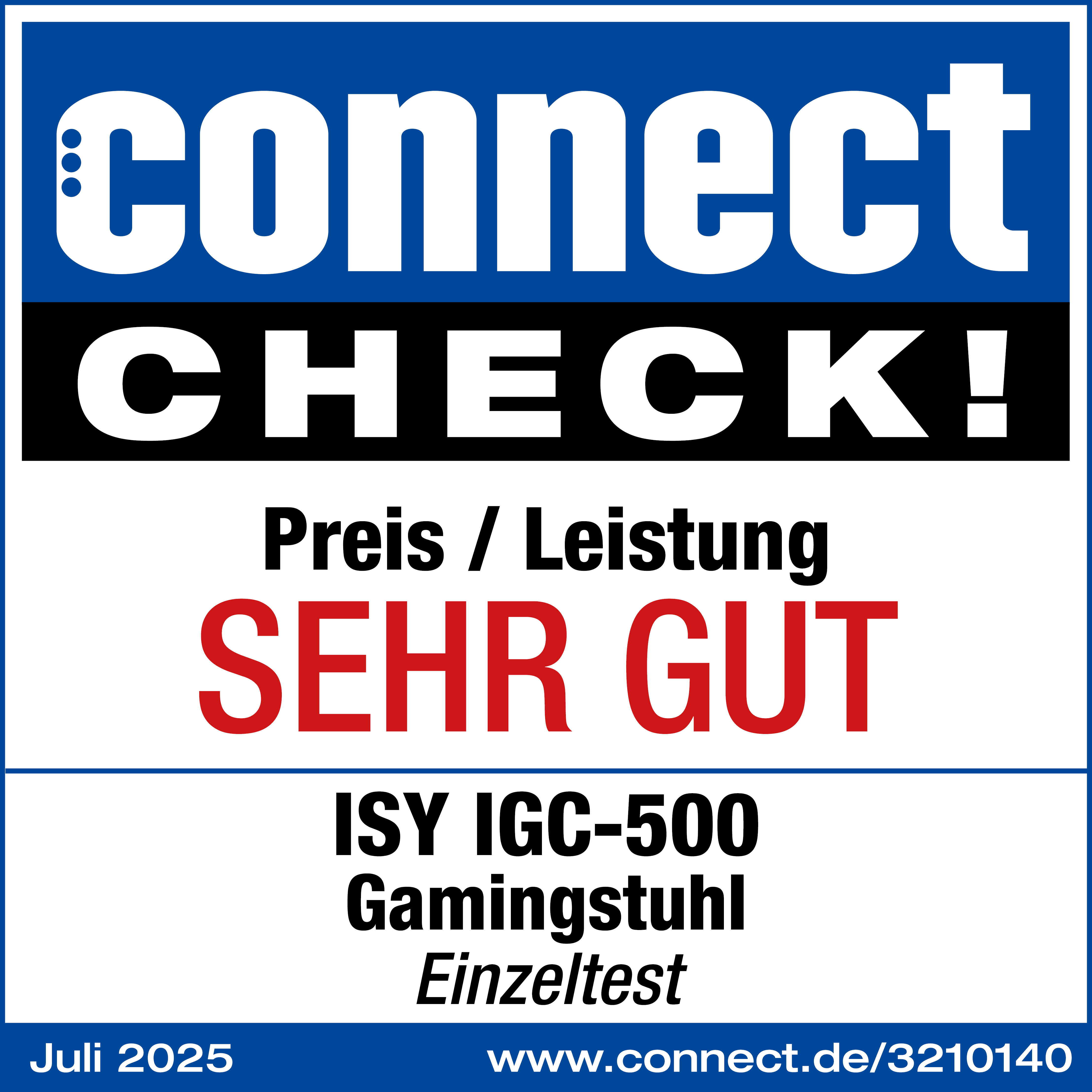 L'image est une critique d'une chaise de jeu, avec les mots "connect CHECK!" et "SEHR GUT" affichés.