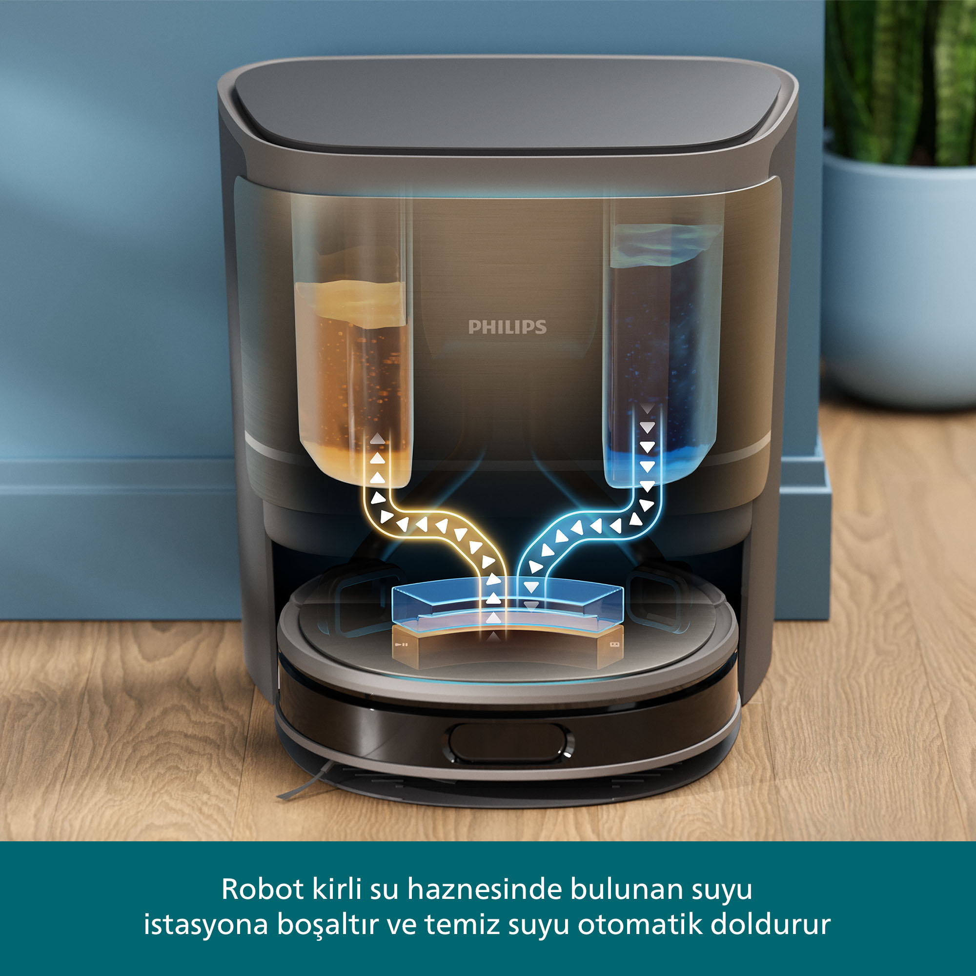 Su tanklı robot süpürge, su akışını gösteriyor. Temiz su doluyor, kirli su boşalıyor.