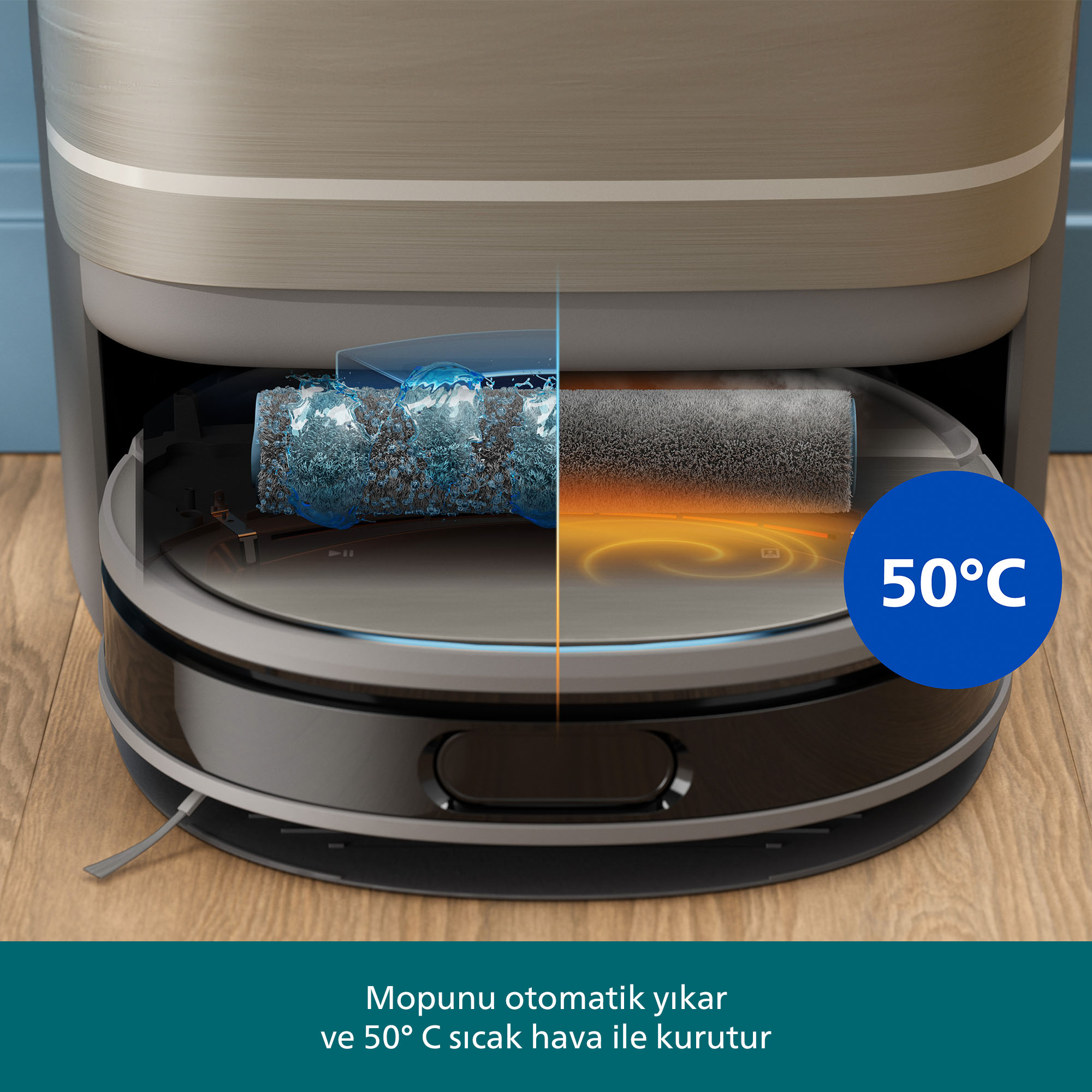 Yıkama ve kurutma özellikli robotik paspas. Yarı yıkanmış ve yarı kurutulmuş paspas, 50°C sıcaklık göstergesi.