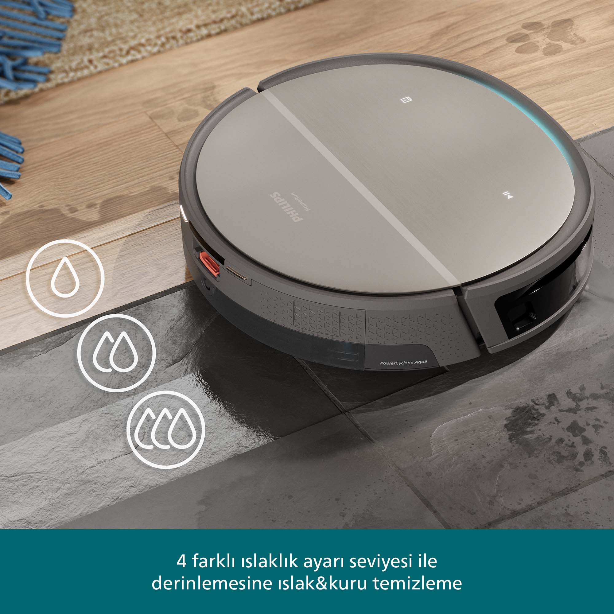 Gri Philips robot süpürge, fayanslı bir zeminde. Yakınlarda su damlası simgeleri var. Metin, ıslak ve kuru temizleme diyor.