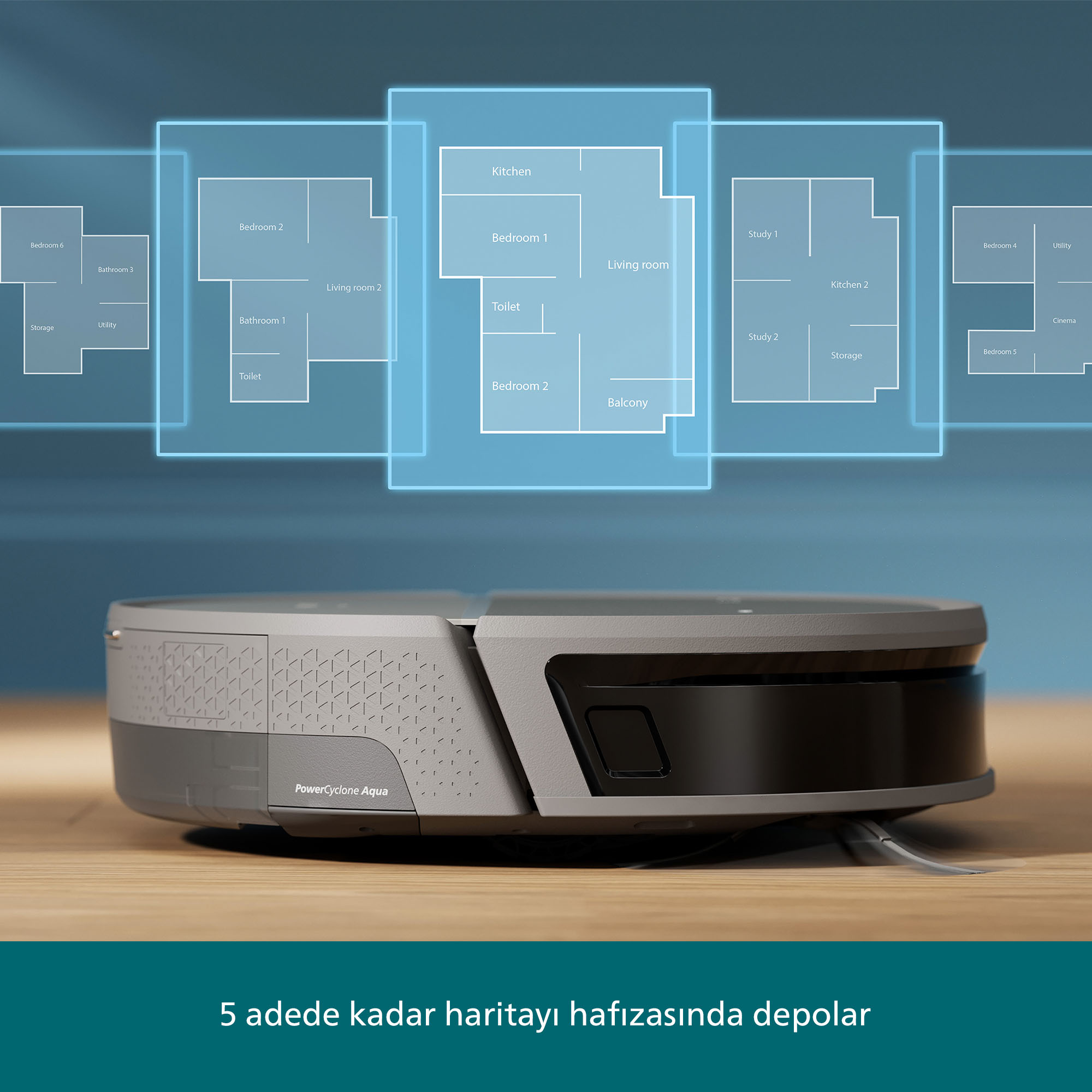Arka planda ev planları olan bir robot süpürge. 5 harita saklayabileceği belirtiliyor.