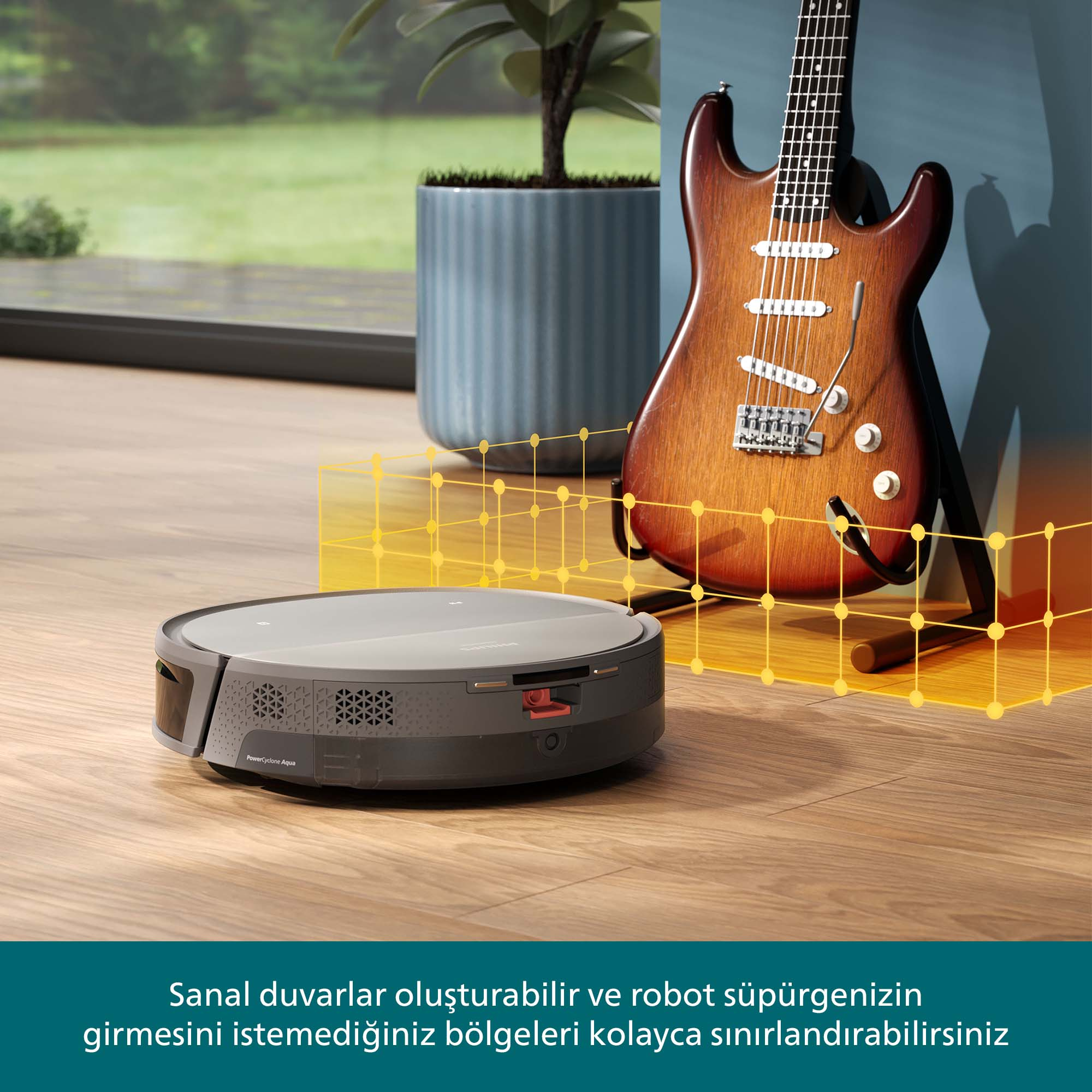 Ahşap zeminde bir robot süpürge. Arka planda bir gitar ve bitki var. Dijital çizgiler sahneyi kaplıyor.