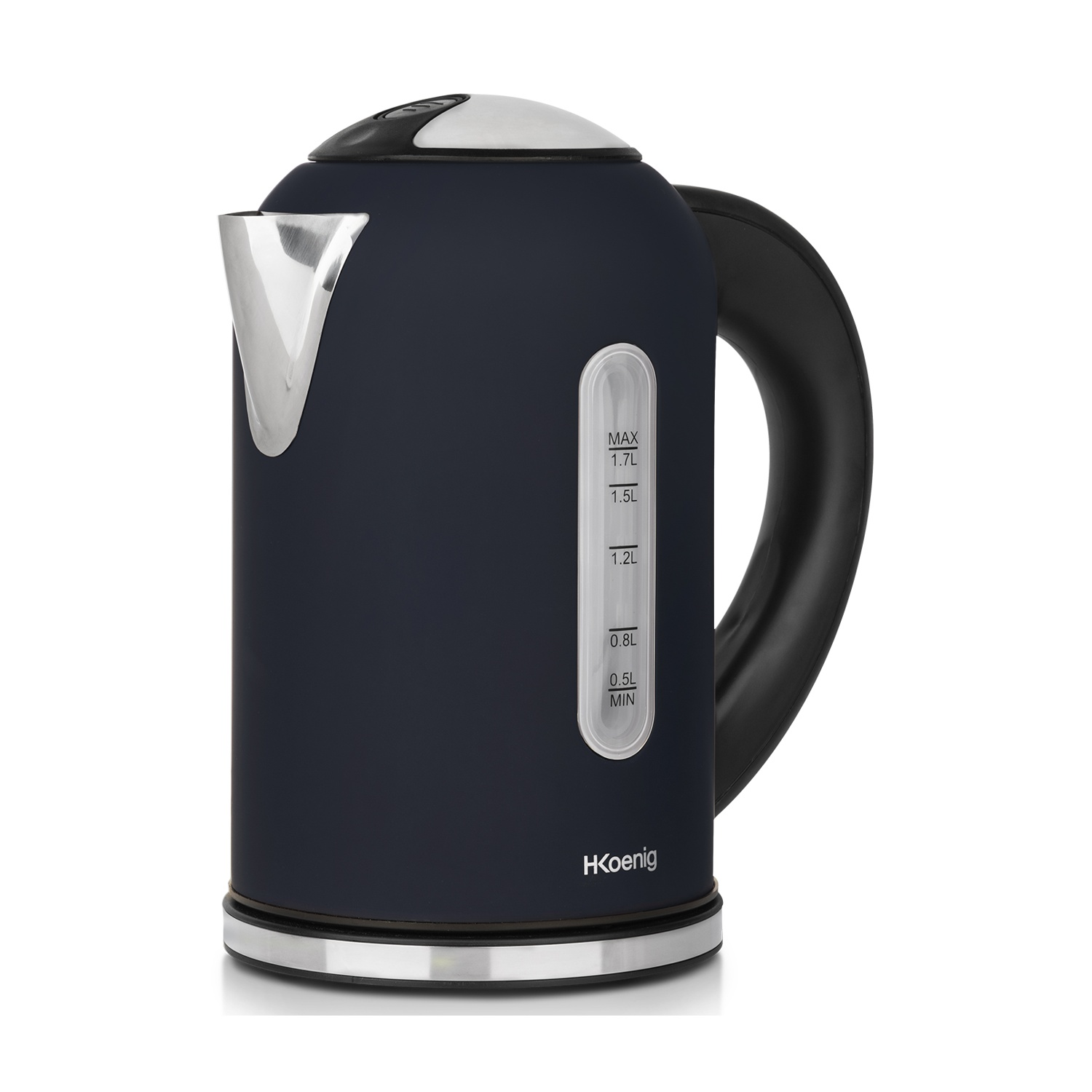 Un bollitore elettrico blu scuro con manico nero, beccuccio argentato e indicatore del livello dell'acqua. Il marchio è 'H.Koenig'.