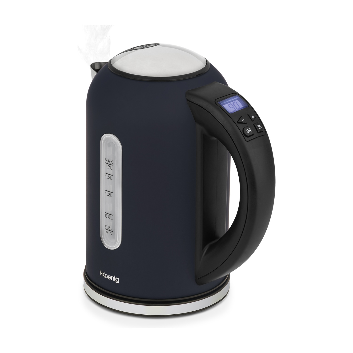 Un bollitore elettrico blu scuro con manico nero. Ha un display digitale che mostra la temperatura e il vapore che sale.