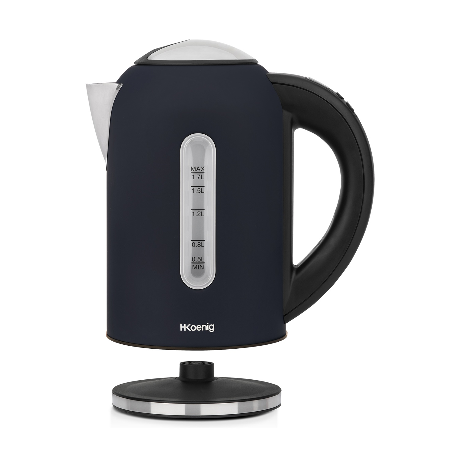 Un bollitore elettrico blu scuro con manico nero, dettagli argentati e indicatore livello acqua trasparente, appoggiato sulla sua base.