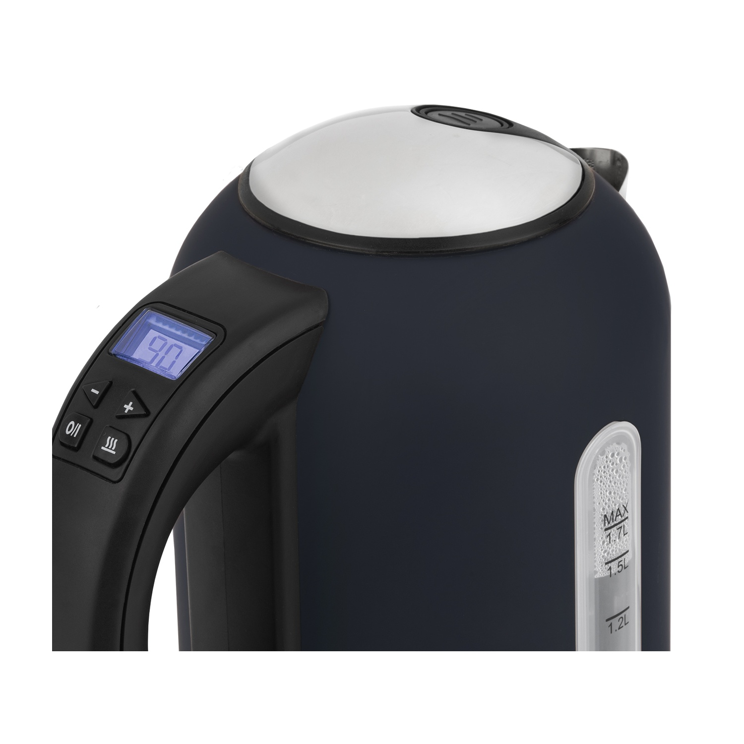 Un bollitore elettrico blu scuro con display digitale che mostra 90. Ha un coperchio bianco e un indicatore del livello dell'acqua.
