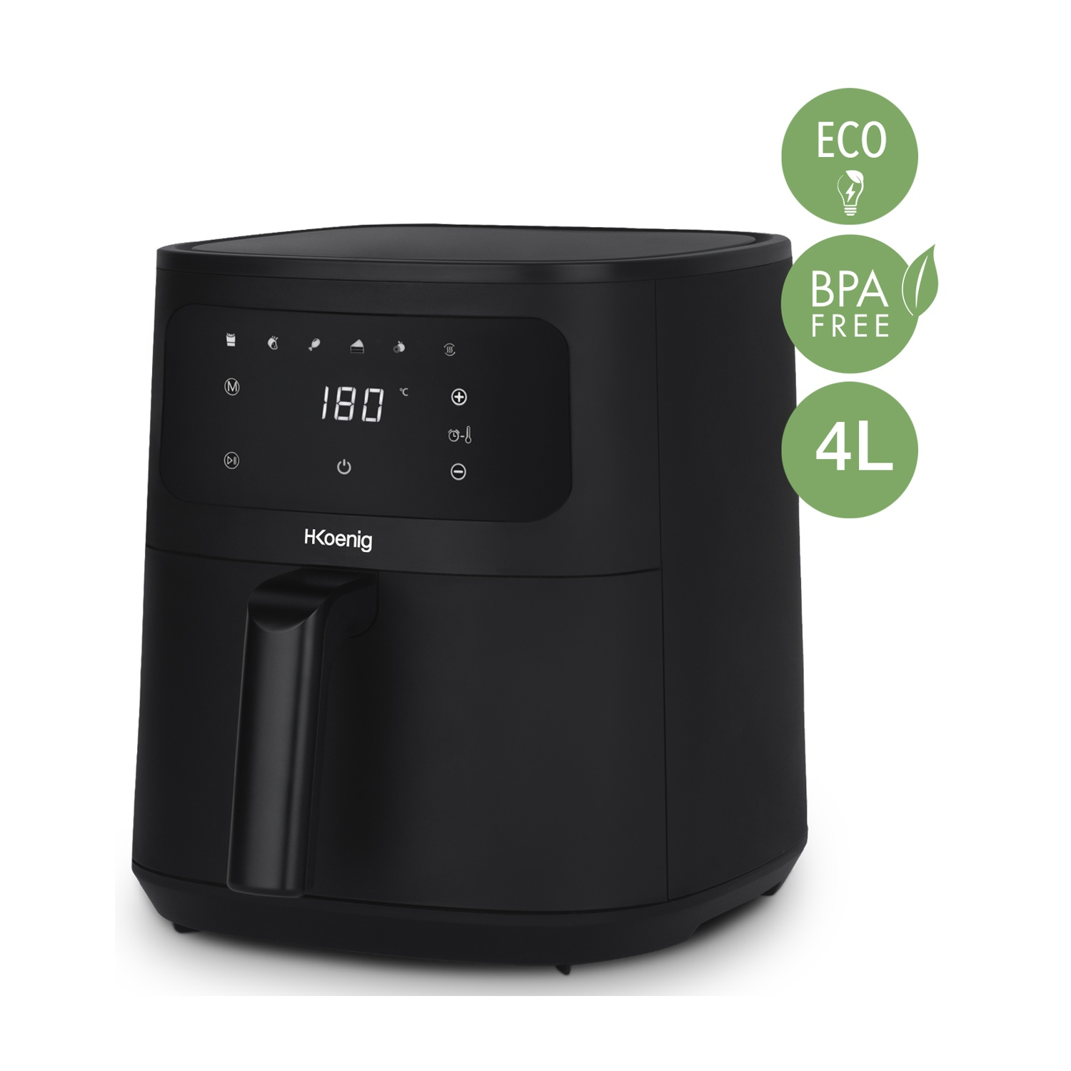 Friggitrice ad aria nera con display digitale a 180 gradi. Maniglia, etichette verdi Eco, senza BPA e 4L.