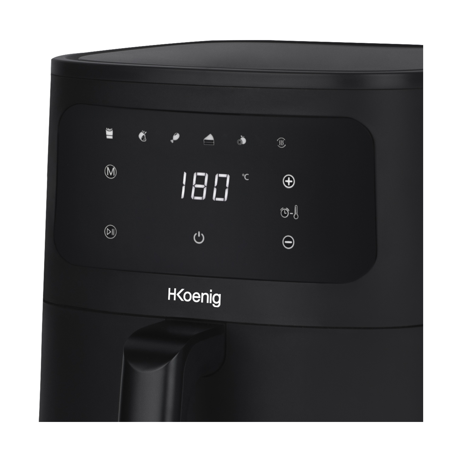 Una friggitrice ad aria nera con display digitale che mostra 180 gradi Celsius. Ha icone di controllo e il marchio HKoenig.