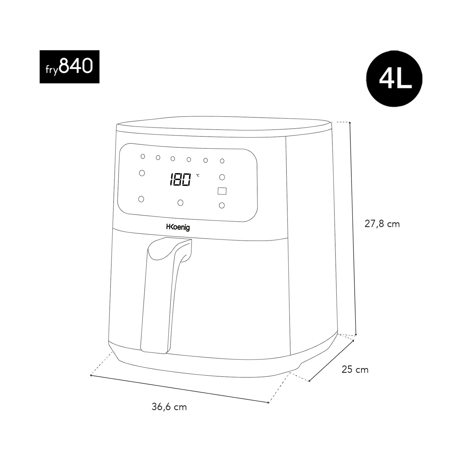 Diagramma di una friggitrice ad aria. Mostra dimensioni e funzioni, con display digitale di 180 gradi Celsius. Etichettata 4L e fry 840.