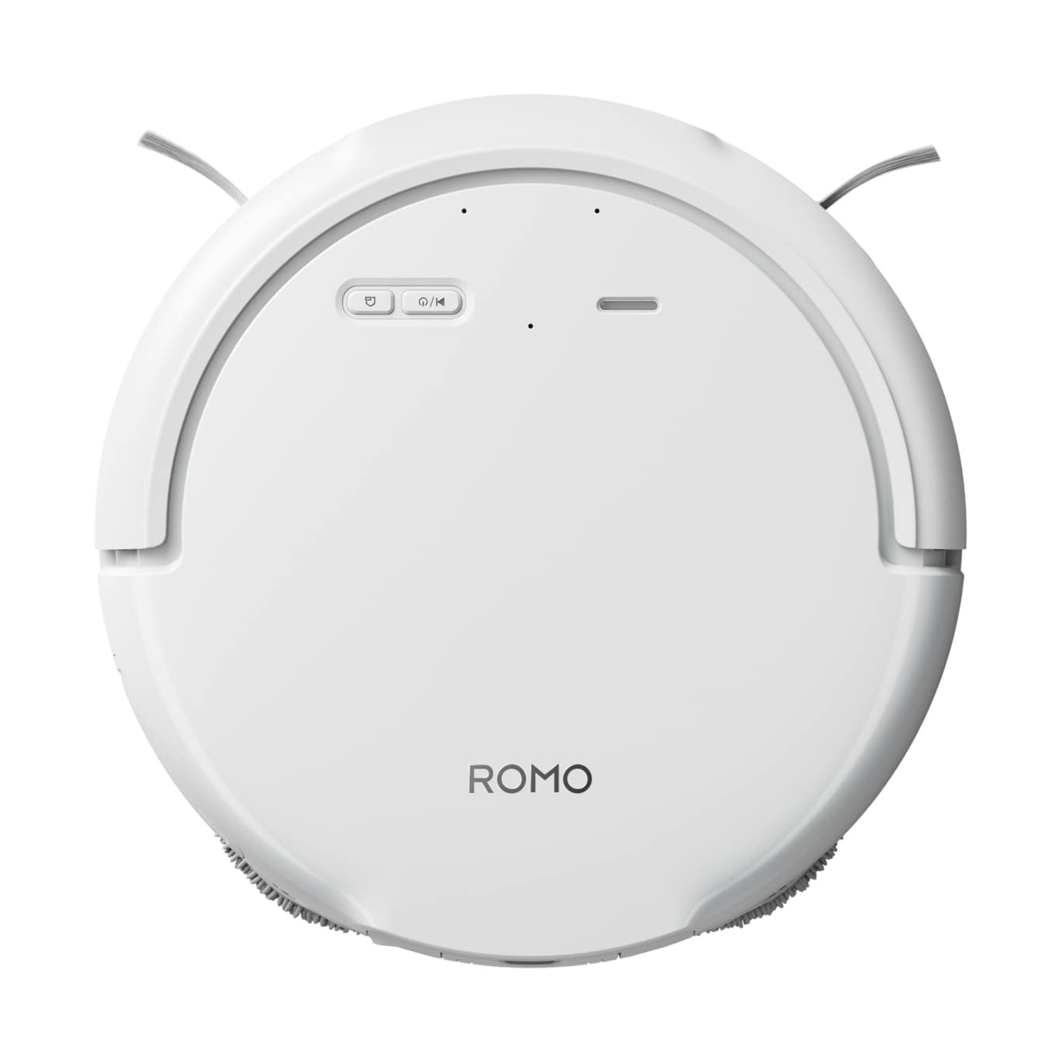 Un aspirapolvere robotico ROMO bianco. Ha una forma rotonda con pulsanti e spazzole. Il marchio ROMO è visibile.