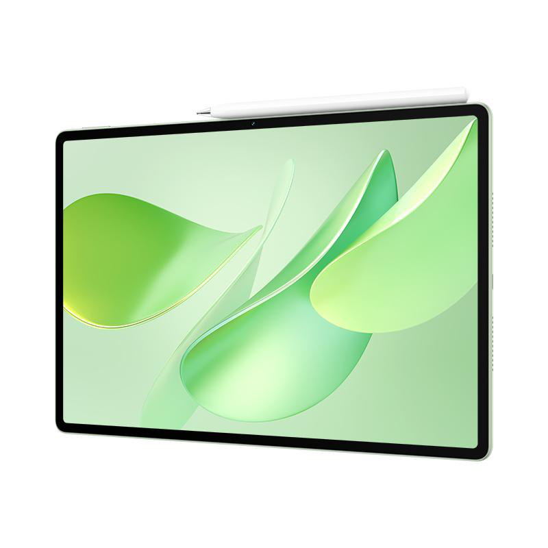 Tablet mit grünem Bildschirm, der abstrakte grüne Formen zeigt. Ein weißer Stift liegt oben. Schwarzer Rahmen umgibt den Bildschirm.