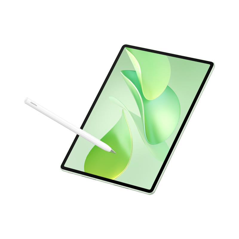 Ein Tablet mit grünem Bildschirm zeigt abstrakte Formen und einen weißen Stift. Der Hintergrund ist weiß.