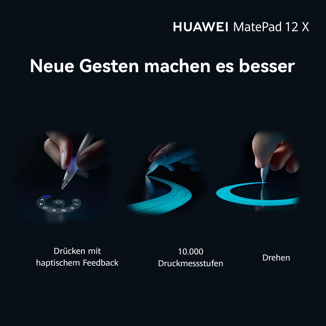 Das Bild zeigt ein Tablet mit Stift, das neue Gesten demonstriert. Der Text lautet 'Neue Gesten machen es besser'.