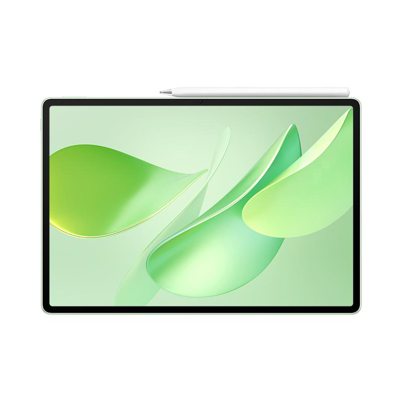 Tablet mit grünem, abstraktem Design auf dem Bildschirm und weißem Stift oben. Schwarzer Rand und weißer Hintergrund.