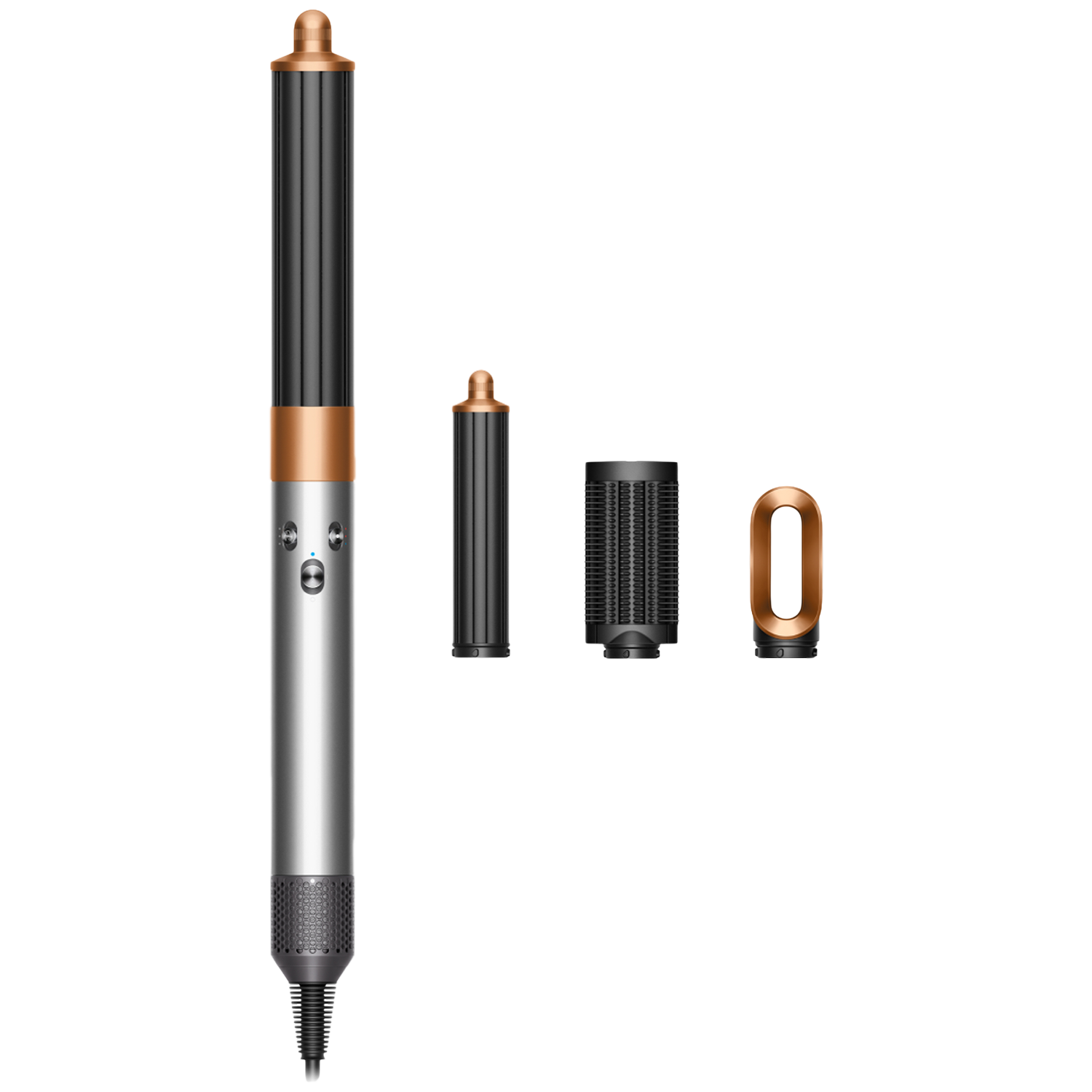 Een Dyson haarstylingtool met meerdere opzetstukken. Het is zilver, zwart en koperkleurig op een witte achtergrond, met een kabel.