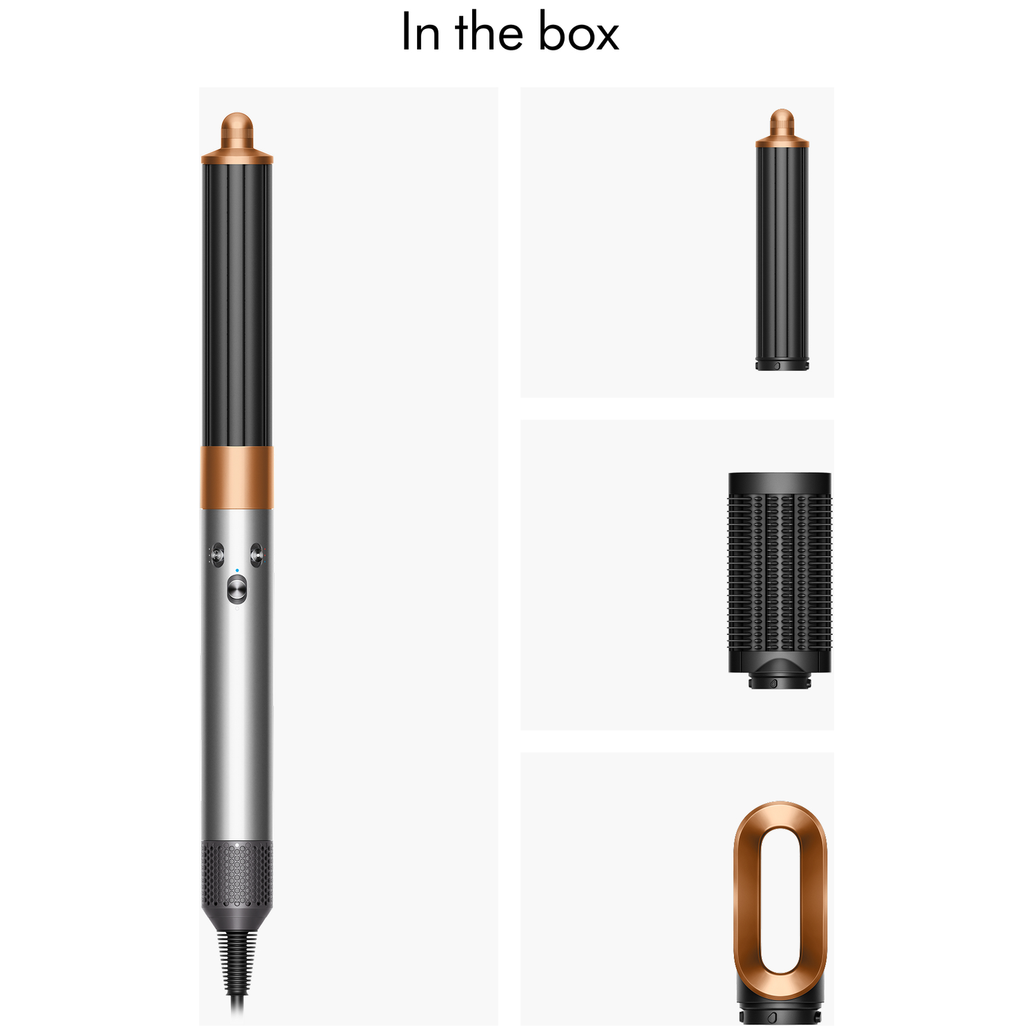 Afbeelding toont een haarstylingtool en de opzetstukken. Hoofdgereedschap is zilver, zwart en koper. Opzetstukken zijn zwart en koper.