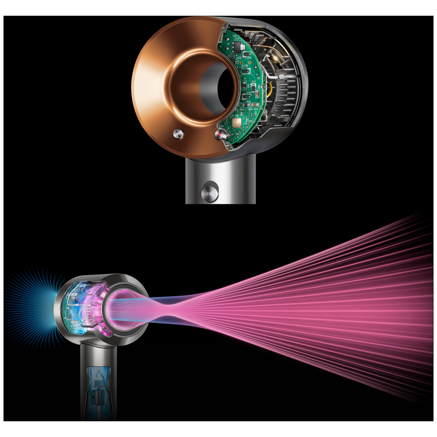 A hair dryer with a copper-colored ring and a cutaway showing internal components. Pink air streams out, blue air in.