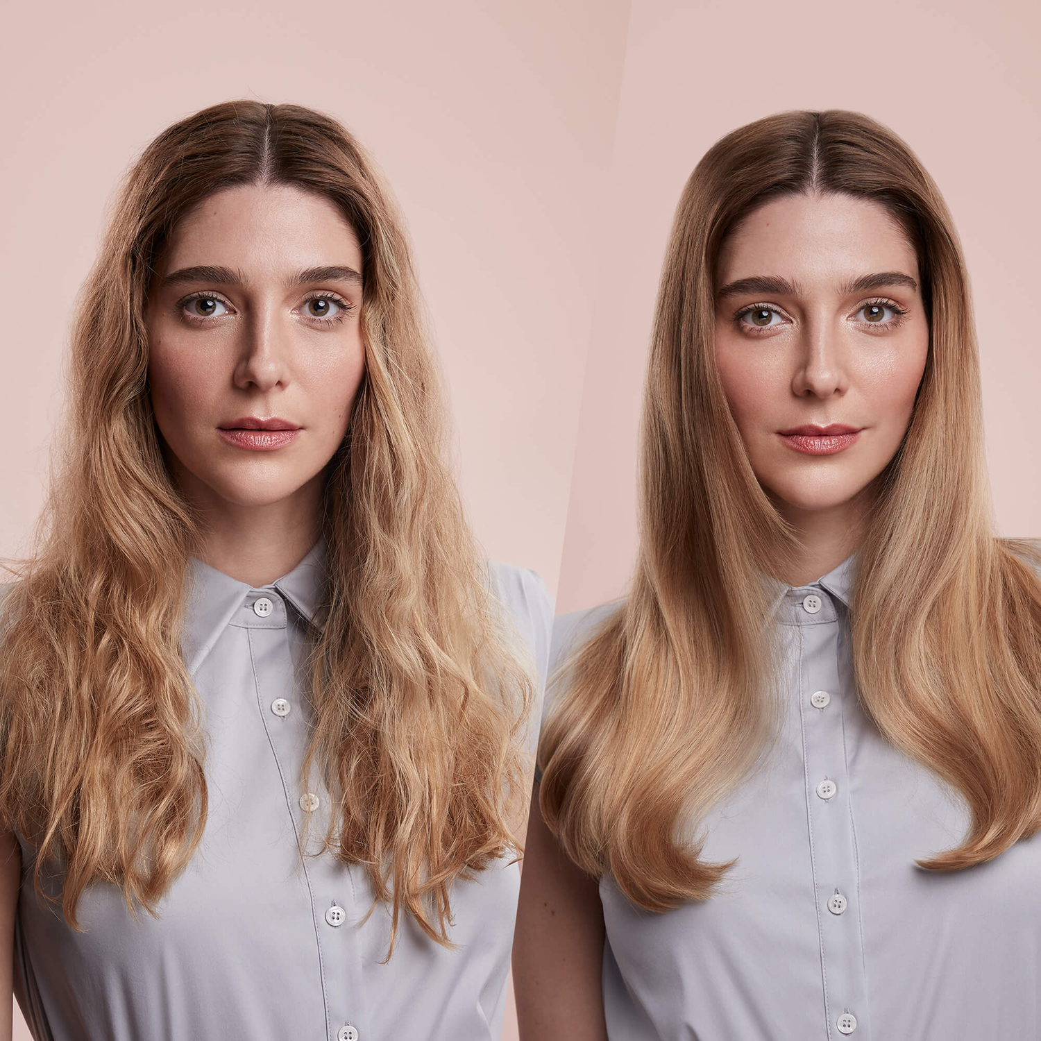 Before and after hair styling. Woman with messy blonde hair, then straight, shiny blonde hair. Light blue shirt. Soft pink background.