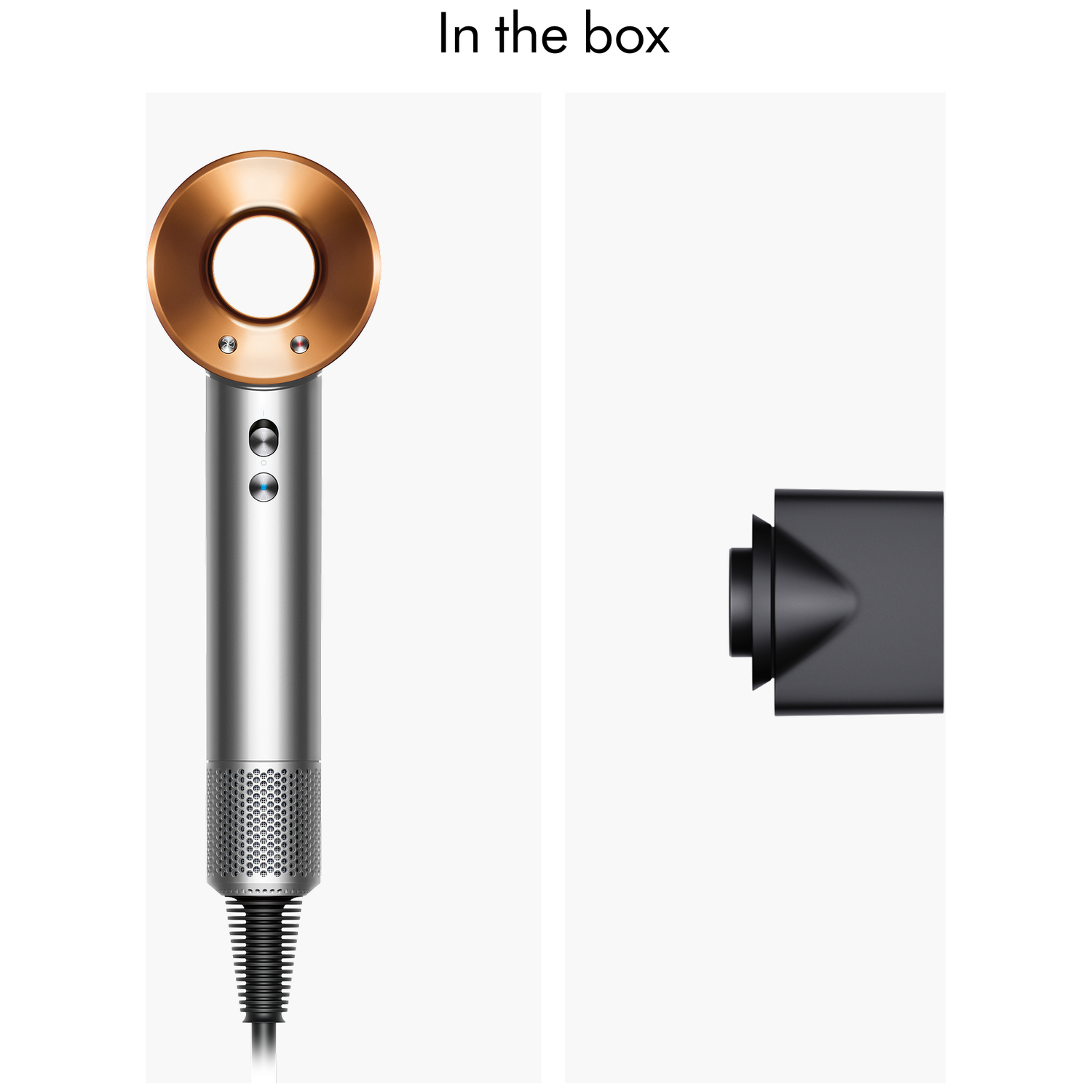 A Dyson hair dryer with a copper-colored head and a black nozzle on a white background, showing the product and its accessory.