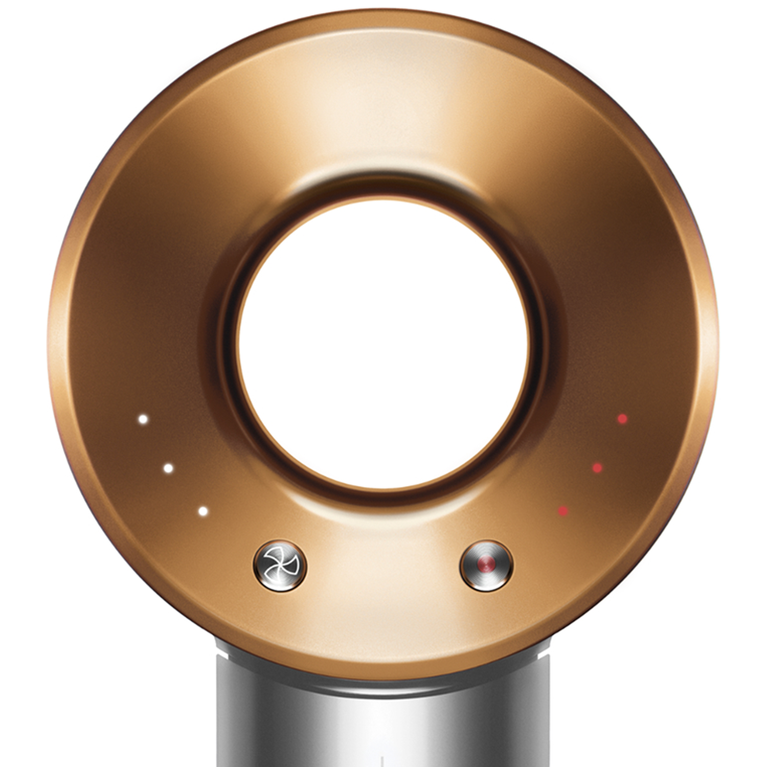 A bronze fan with a circular design. It has a central hole and control buttons with indicator lights. The base is silver.