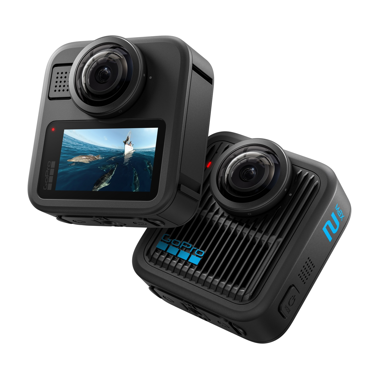 Due fotocamere GoPro Max nere. Una mostra uno schermo con vita marina. L'altra ha il testo MAX blu.