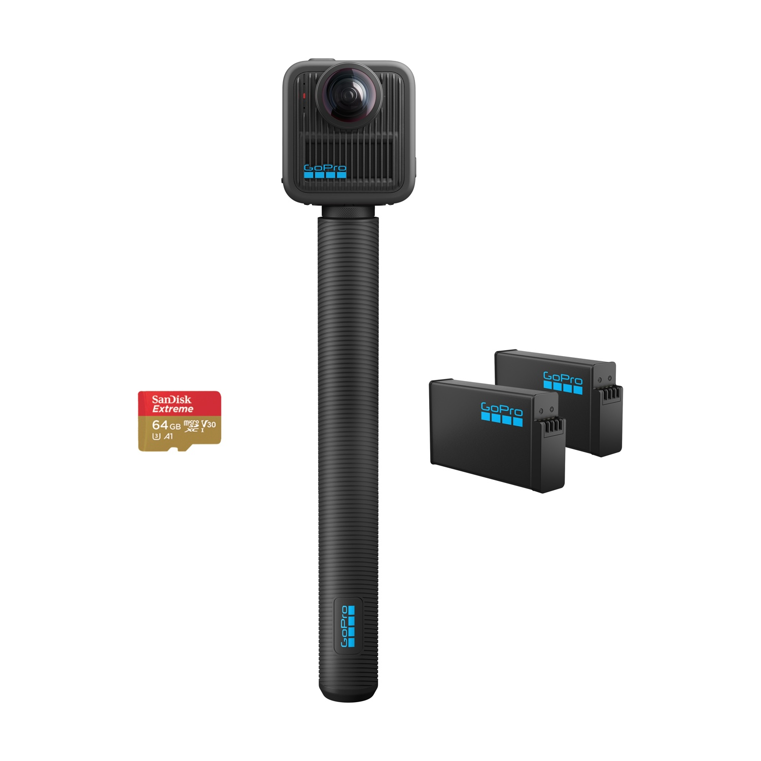 Fotocamera GoPro con maniglia, due batterie e una scheda di memoria su una superficie bianca. La fotocamera è nera con un obiettivo.