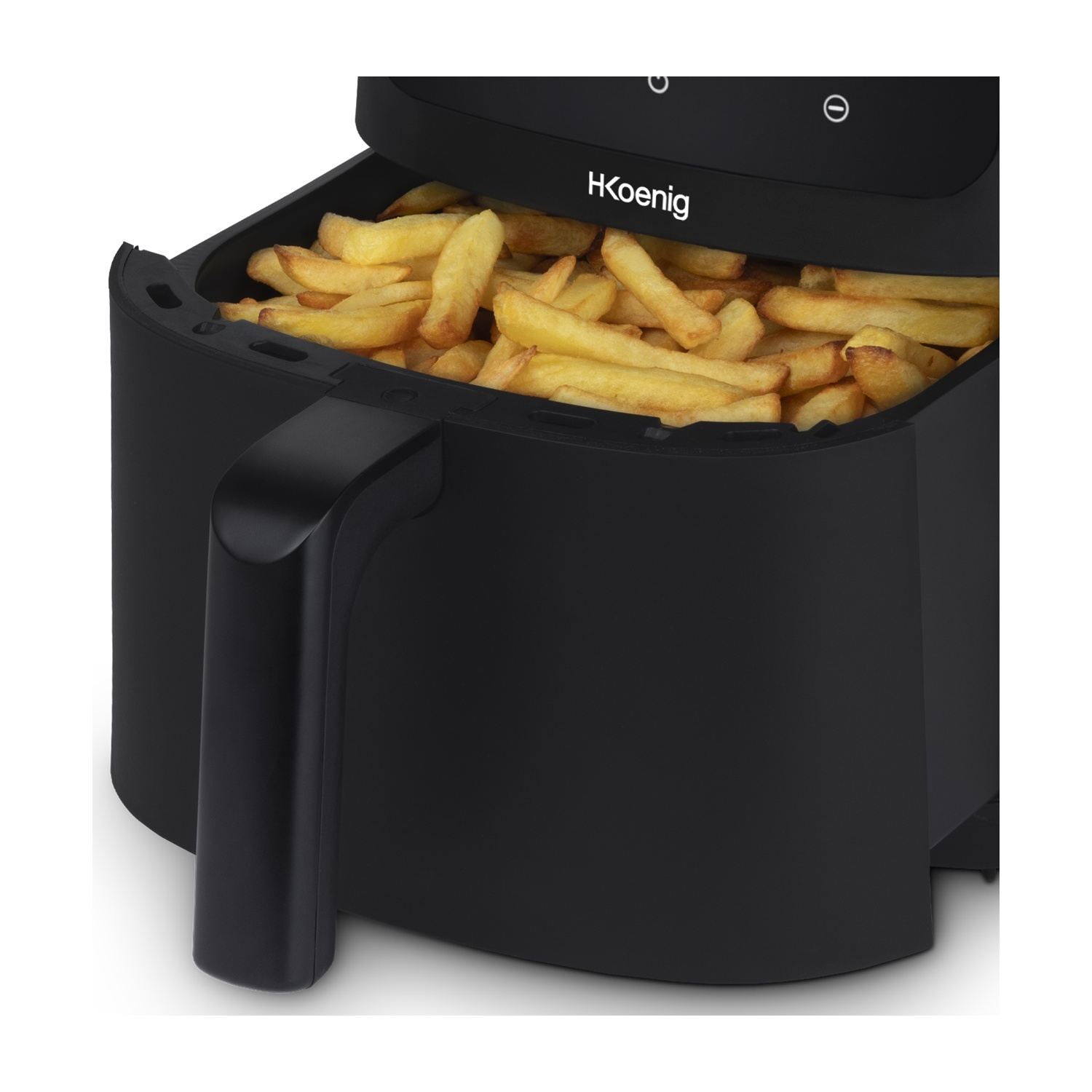Friggitrice ad aria nera con manico, piena di patatine fritte dorate. Il marchio è HKoenig.
