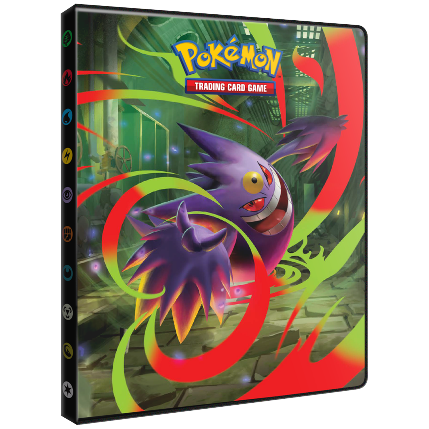 Classeur de cartes Pokémon. Graphique de Gengar au centre, traits rouges et verts. Dos noir avec symboles. Logo du Jeu de Cartes Pokémon.