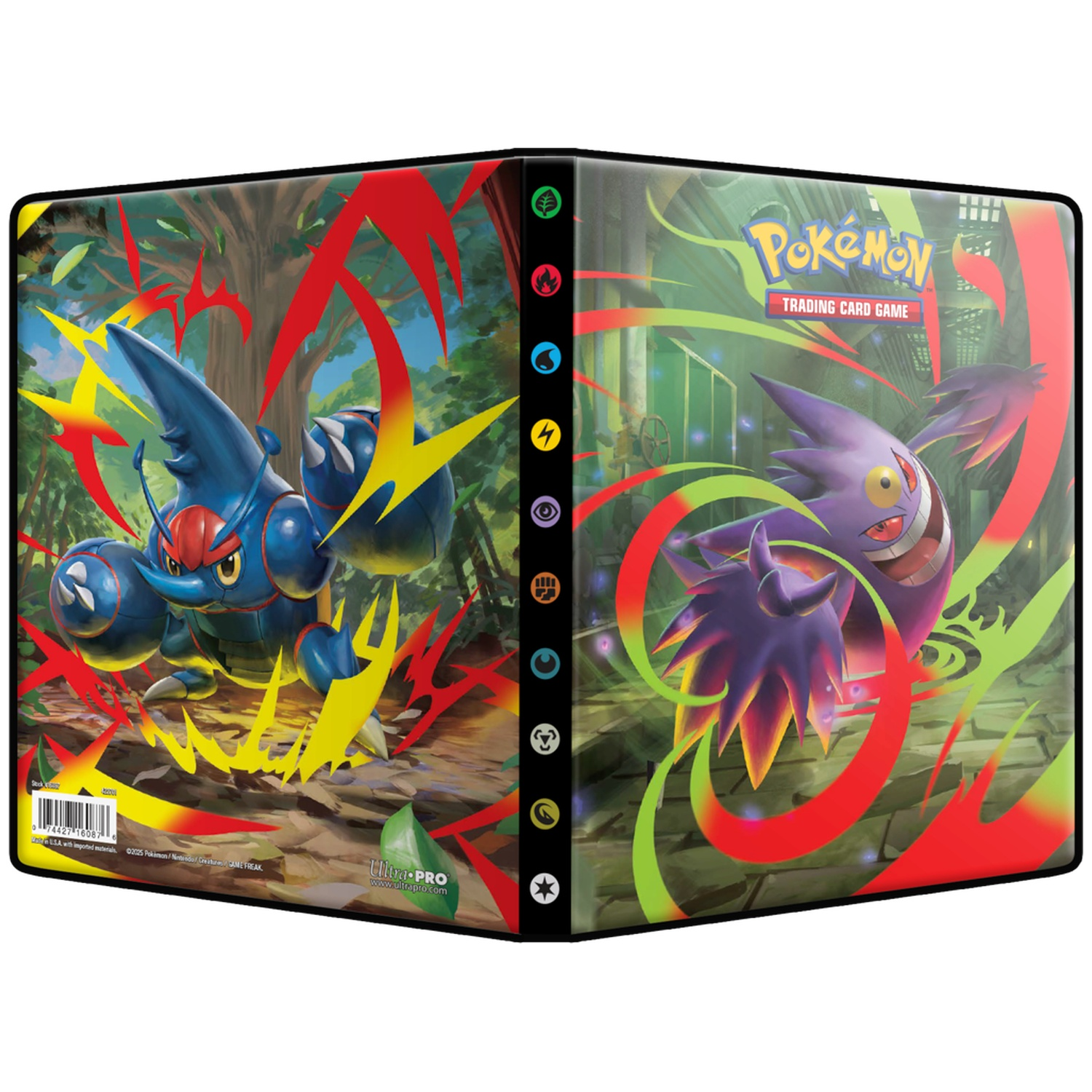 Classeur de cartes Pokémon. Avec un Heracross bleu à gauche et un Gengar violet à droite, avec des couleurs vives.