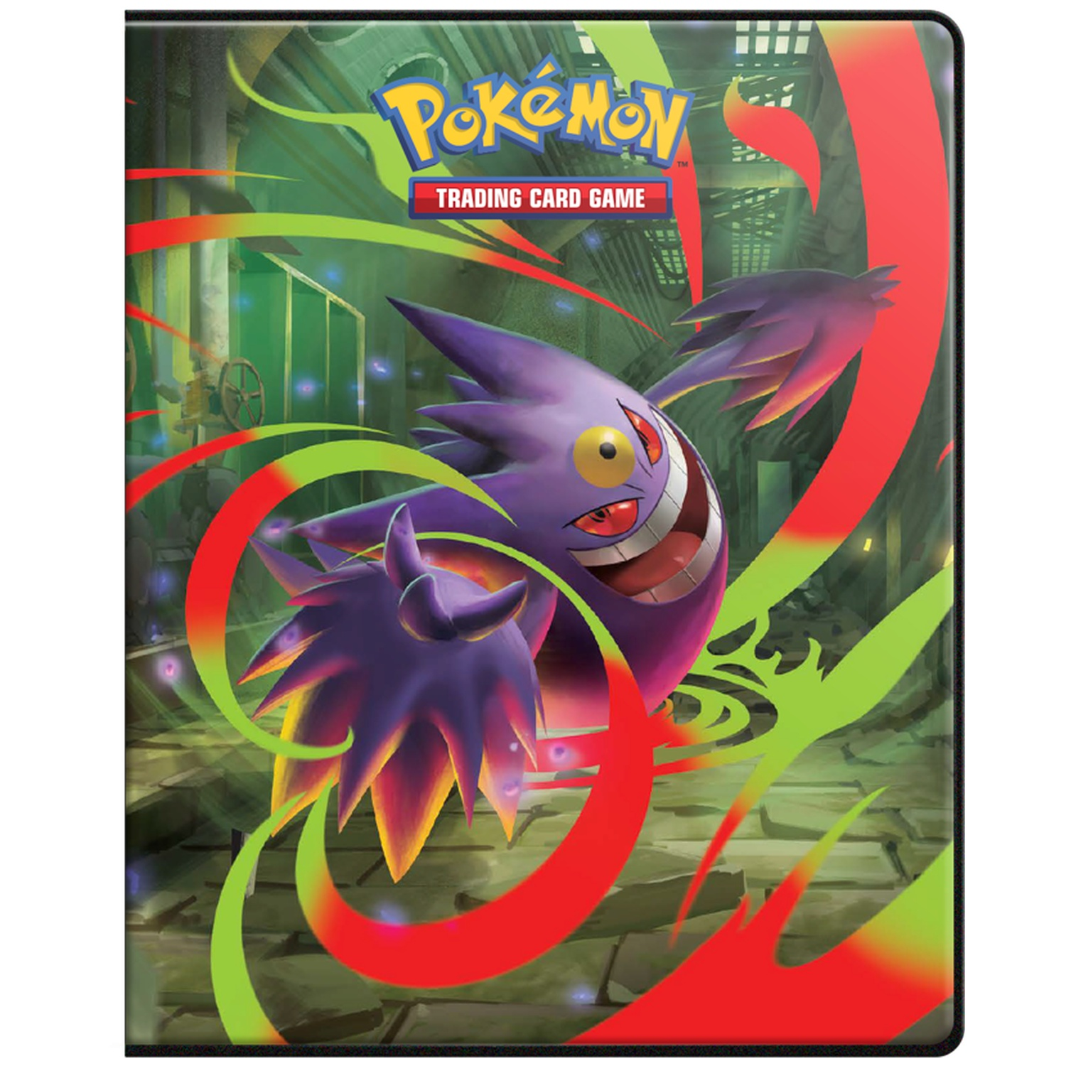 Un classeur de cartes Pokemon montre un Gengar violet avec des yeux rouges, des tourbillons verts et rouges, et un logo 'Pokemon Trading Card Game'.