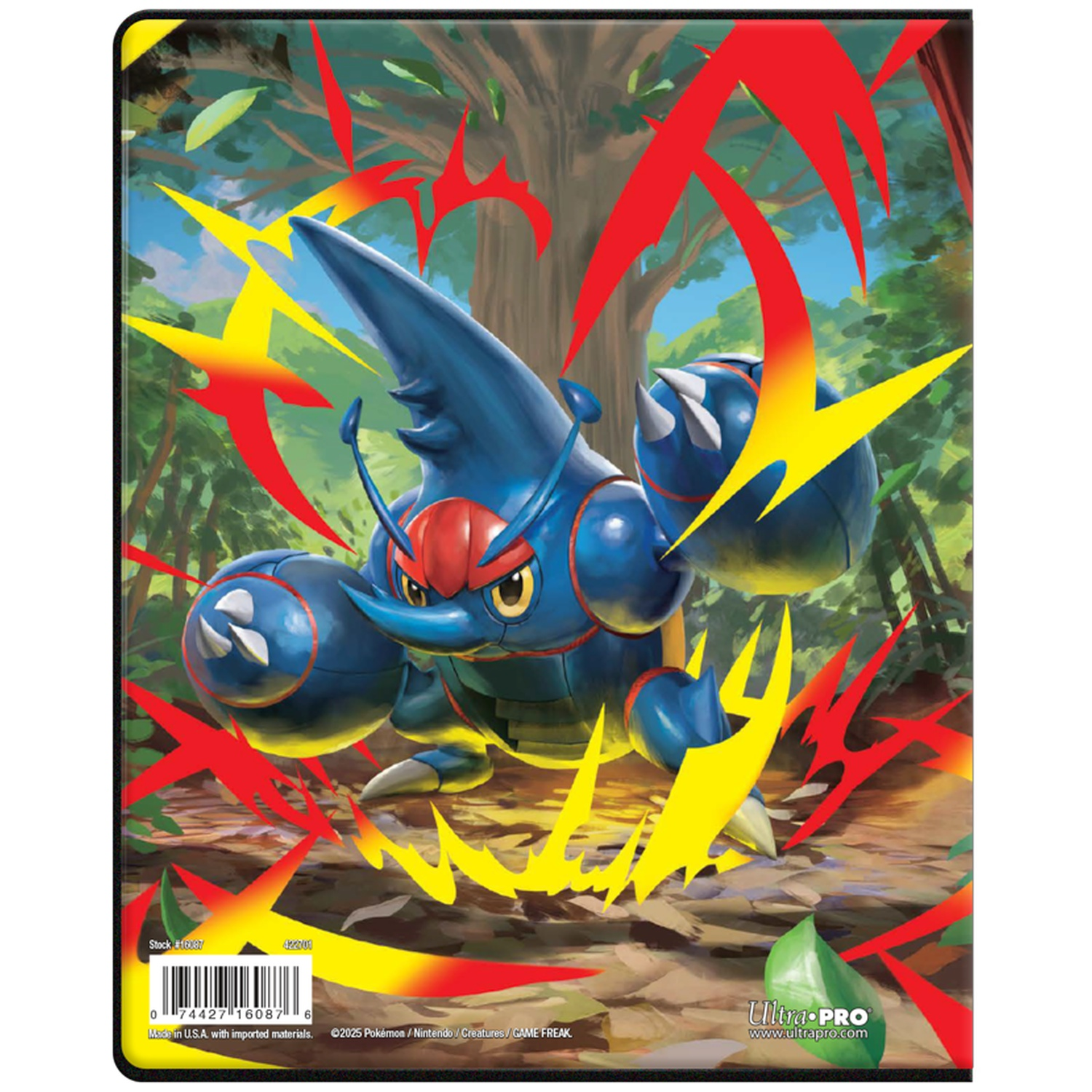 Un personnage Pokémon bleu et rouge avec des effets d'énergie jaunes et rouges dans un cadre forestier.