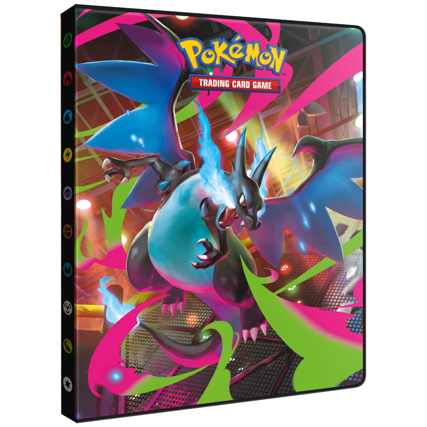 Classeur de cartes Pokémon. Dracaufeu avec flammes et ailes bleues. Coups de peinture roses et verts sur fond métallique.